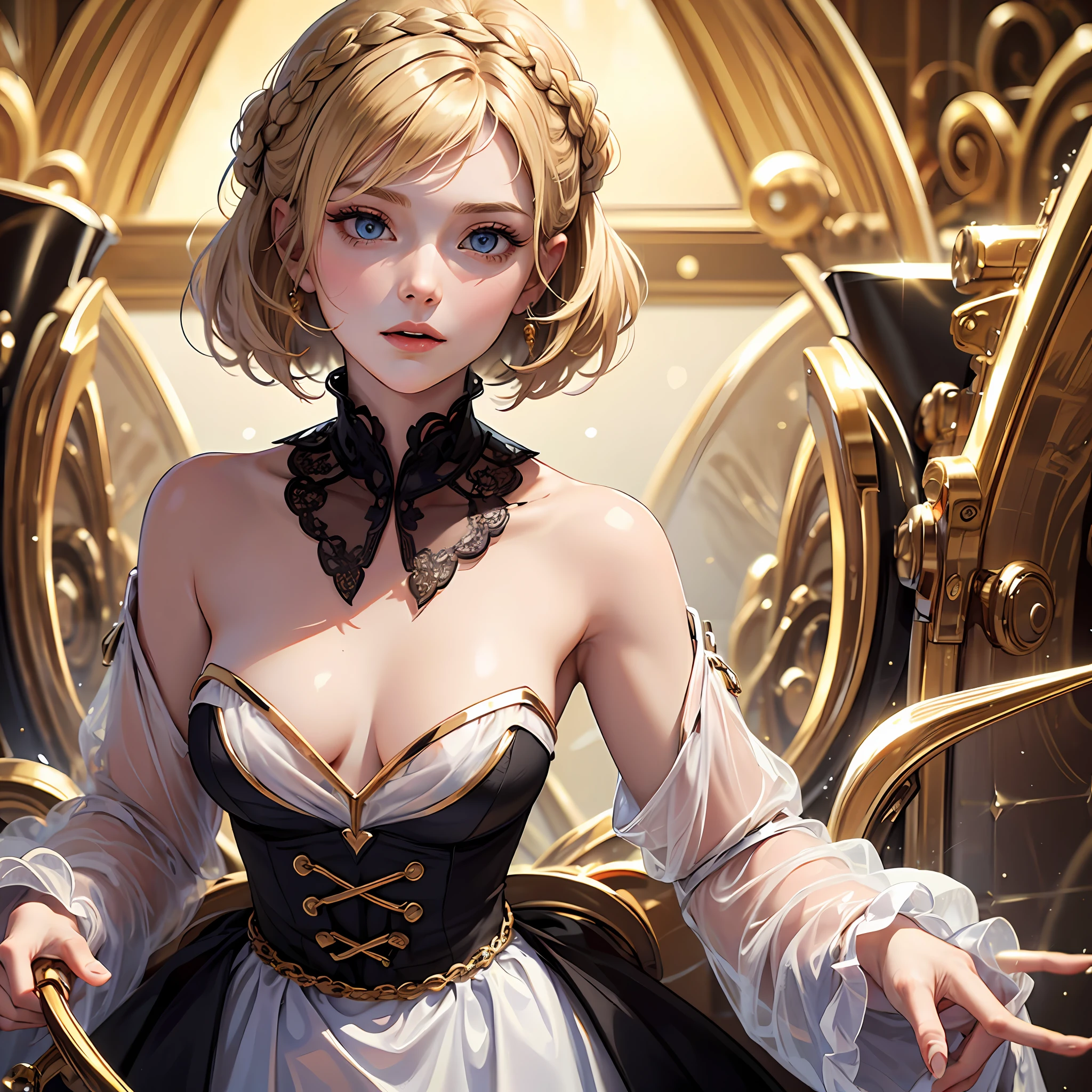 God, top quality, one dignified woman, classy, long (masterpiece) 8K resolution, beatrice, blonde, braided, up, bangs are trimmed, blue beautiful eyes, face without makeup, warm and attractive, black dress with red lines with gold rimm, the whole body is about 170, the body is small is not very good