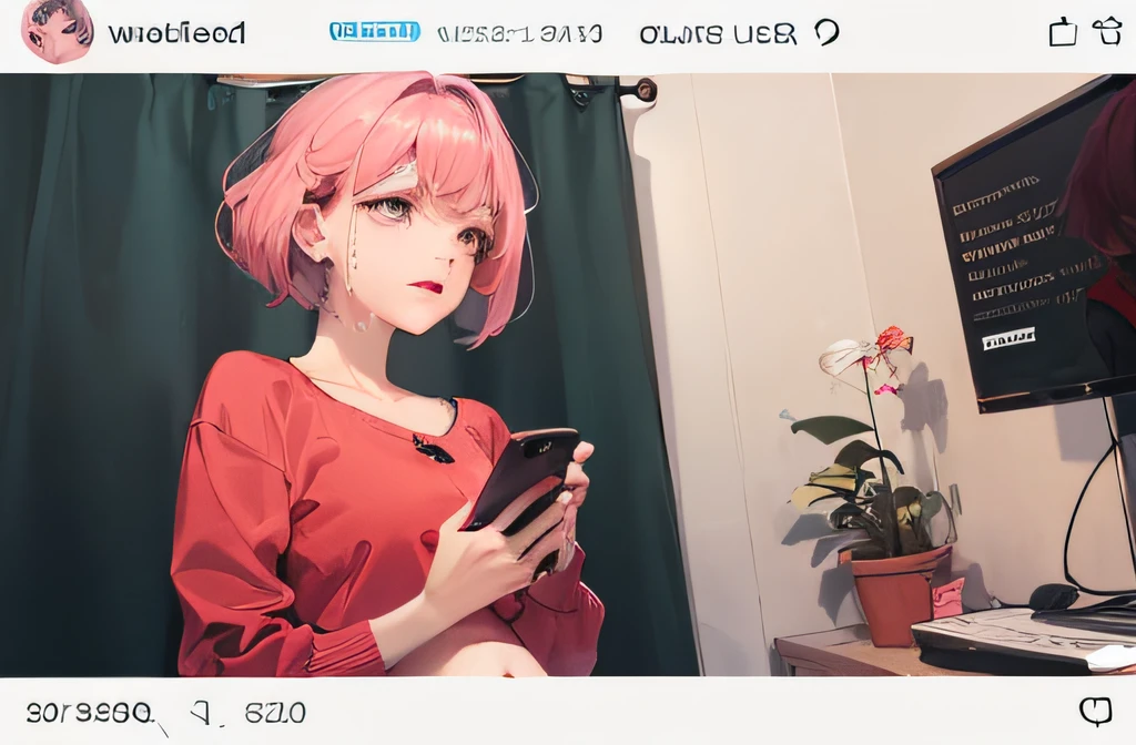 (A girl with pink hair, intellectual-looking and heavily made-up, wearing red clothes, is seen with a prominent baby bump. She is holding a phone and live streaming from a room, crying as it is captured on a large screen.)