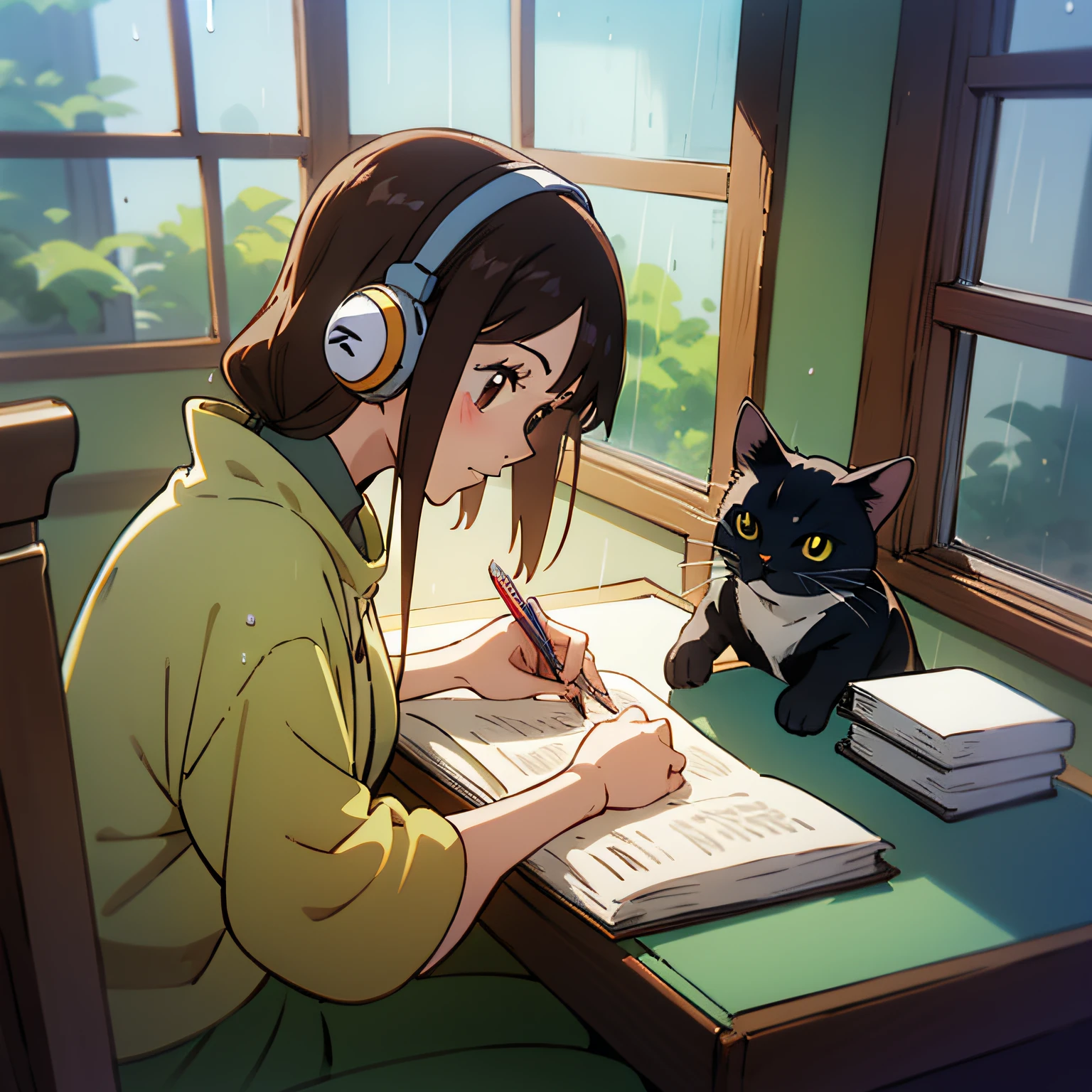 girl studying in her room near the window, girl wearing headphones, girl looking at books, rain on window, lampshade on, hot lighting, HD, 8k, high quality, (raw work), studio ghibli, ghibli studio, ghibli, anime, girl with brown hair, brown hair, books, notebooks, pencils, study table, table, cushions, a black cat, cat, black cat,  window