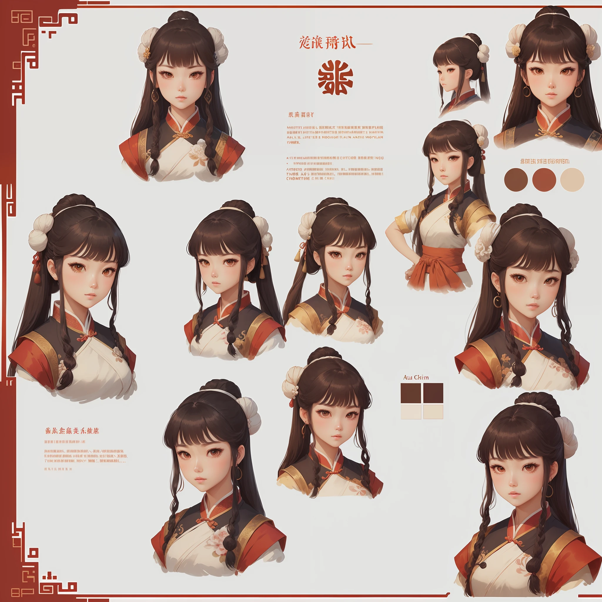 (Masterpiece), (Best Picture Quality), (Character Design Sheet, Same Character, On the Front, Side and Back), Illustration, A Girl, Hair Color, Hairpins, Bangs and Hairstyle Fax (Angles and Details), Eyes, Environment and Background Changes, Hairstyle Fax, Specific Pose (Female), Princess in Ancient China (Character Name), (Simple Background or White Background: 1.3) --auto