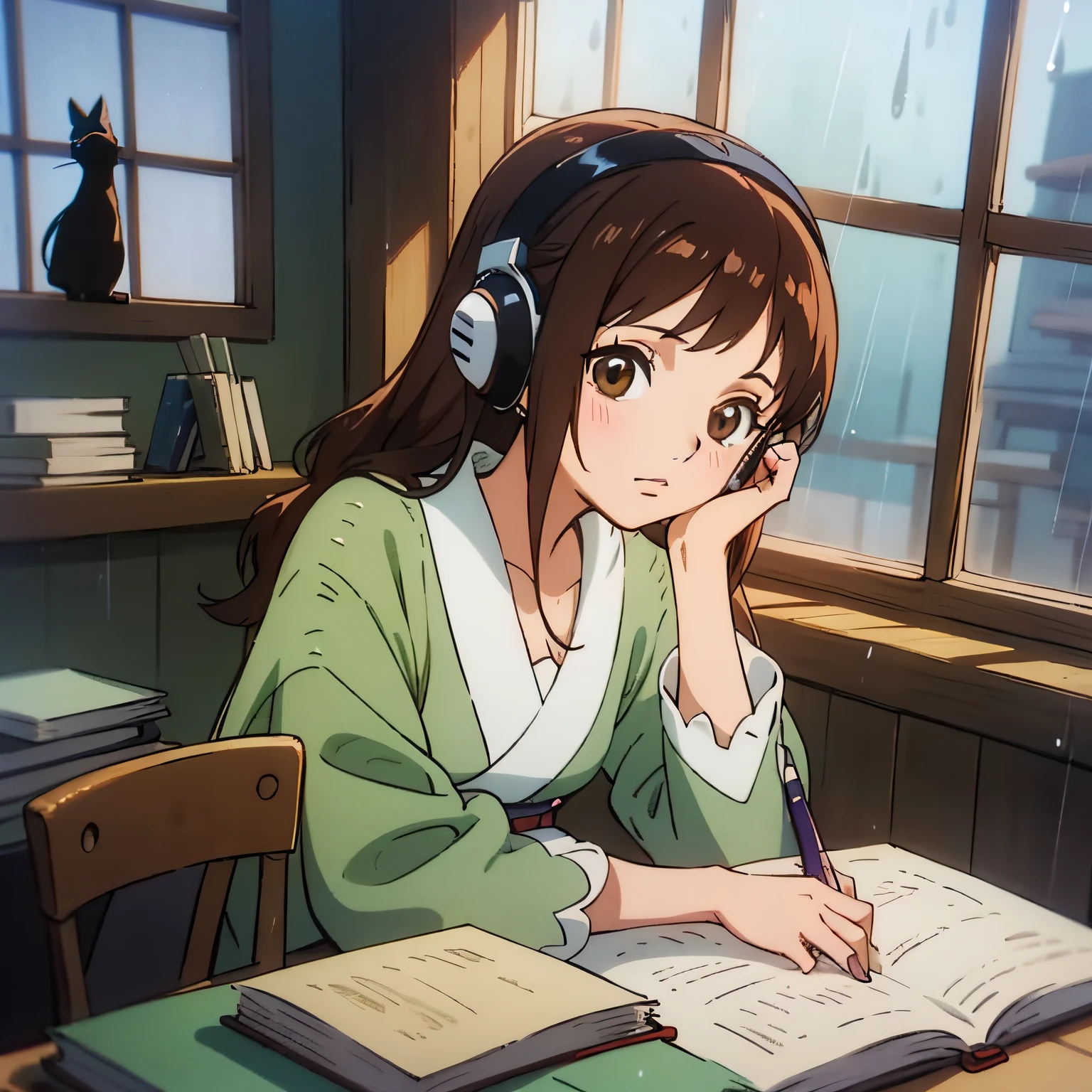 girl studying in her room near the window, girl wearing headphones, girl looking at books, rain on window, lampshade on, hot lighting, HD, 8k, high quality, (raw work), studio ghibli, ghibli studio, ghibli, anime, girl with brown hair, brown hair, books, notebooks, pencils, study table, table, cushions, a black cat, cat, black cat, window