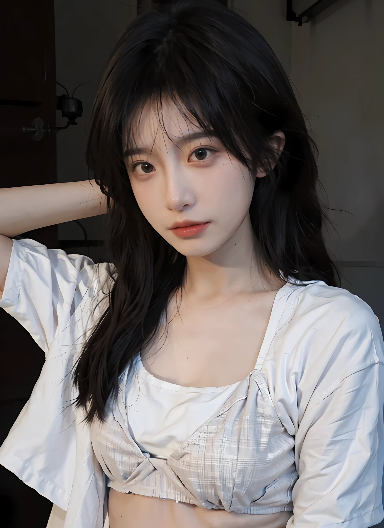 Best Quality, Masterpiece, Ultra High Resolution, Campus, (Realistic: 1.4), 1 Girl, Sexy, (Shirt: 1.2), (Bra: 1.2), (Room: 1.3), (Upper Body: 1.4)