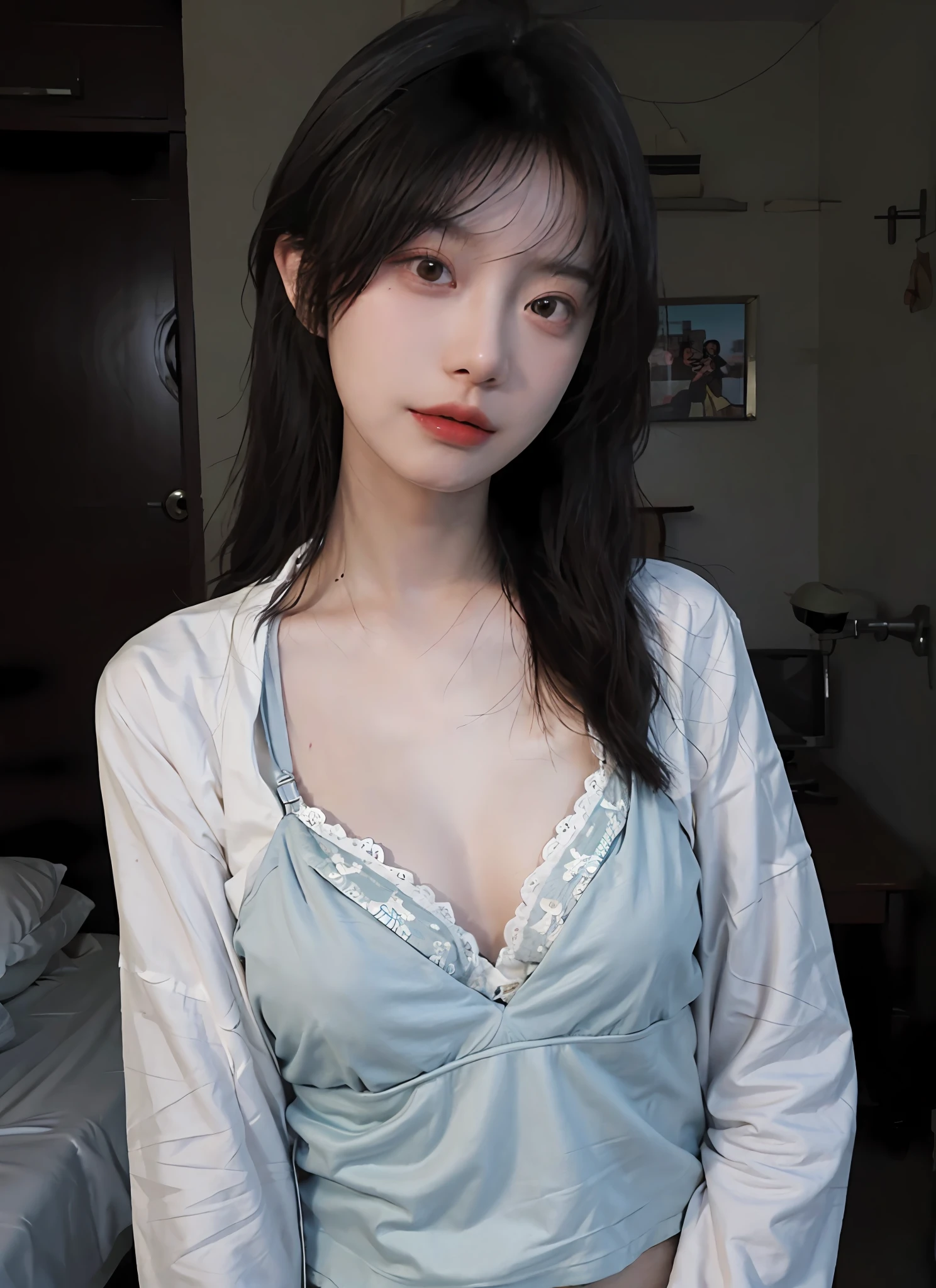Best Quality, Masterpiece, Ultra High Resolution, Campus, (Realistic: 1.4), 1 Girl, Sexy, (Shirt: 1.2), (Bra: 1.2), (Room: 1.3), (Upper Body: 1.4)