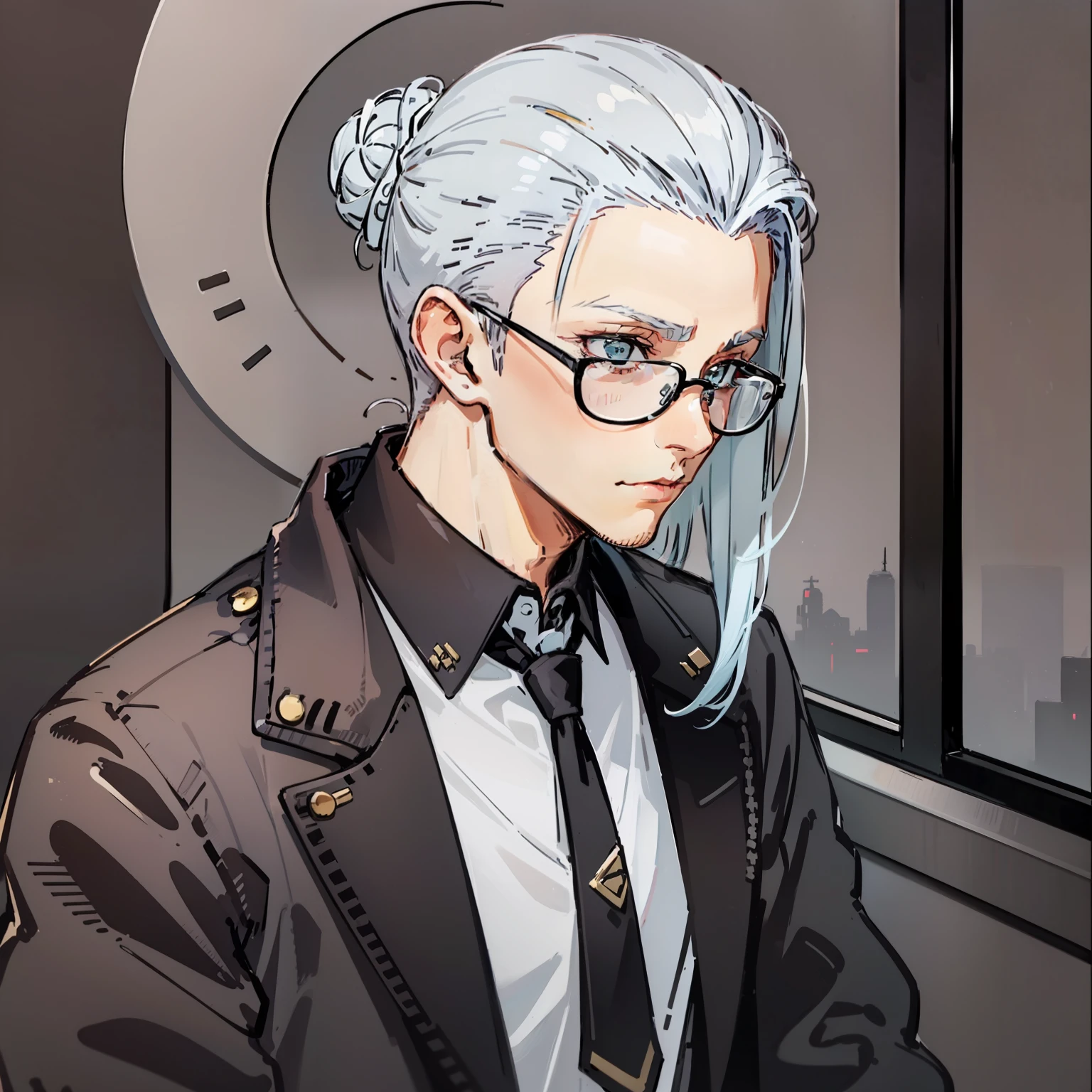 A man with long silver hair tied back in a bun with shaved sides, wears black glasses. Wears a black coak-jacket with a white button up shirt.