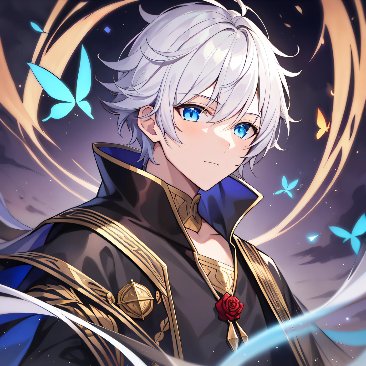 1boy, boy, handsome, black robe, boy, , wide black robe, pure white hair, white hair, short hair, azure blue eyes, blue eyes, beauty, beauty, beautiful, perfect facial features, black robe, gold embroidered geometric figures, simple clothing pattern, floating in the air, blue butterfly, holding red rose, holding red rose, night, light and shadow, atmosphere, magic, mystery, old dominator, correct details, exquisite, 8K