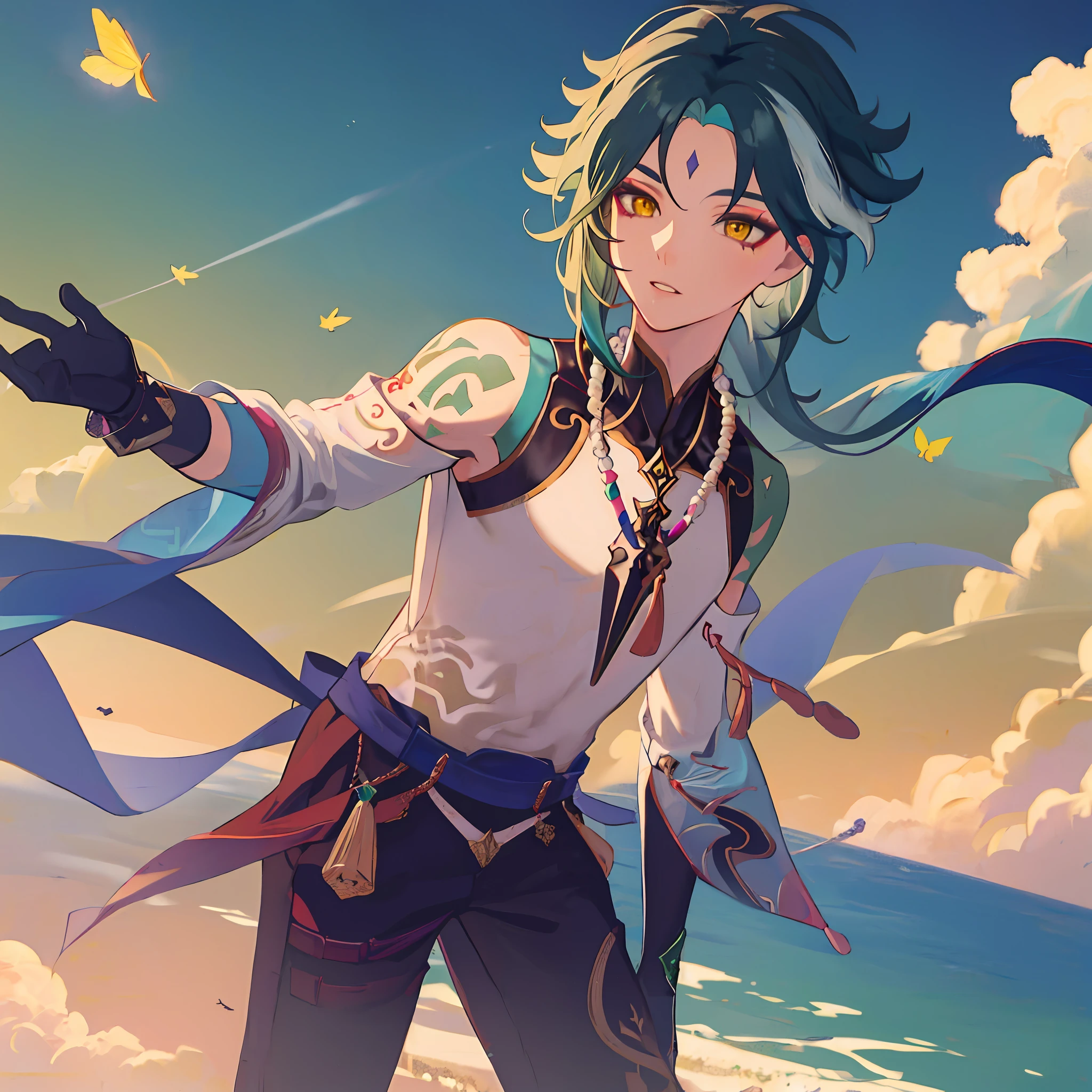 Masterpiece, best quality, 1boy, male focus, solo, Xiao (Genshin Impact), gloves, tattoo, arm tattoo, necklace, cloud, jewelry, mask, green hair, beaded necklace, multicolored hair, beads, yellow eyes, distracted looking, absurd, attractive, ultra high resolution, ultra realistic, highly detailed, (landscape background: 1.4), (kbxll: 0.6)