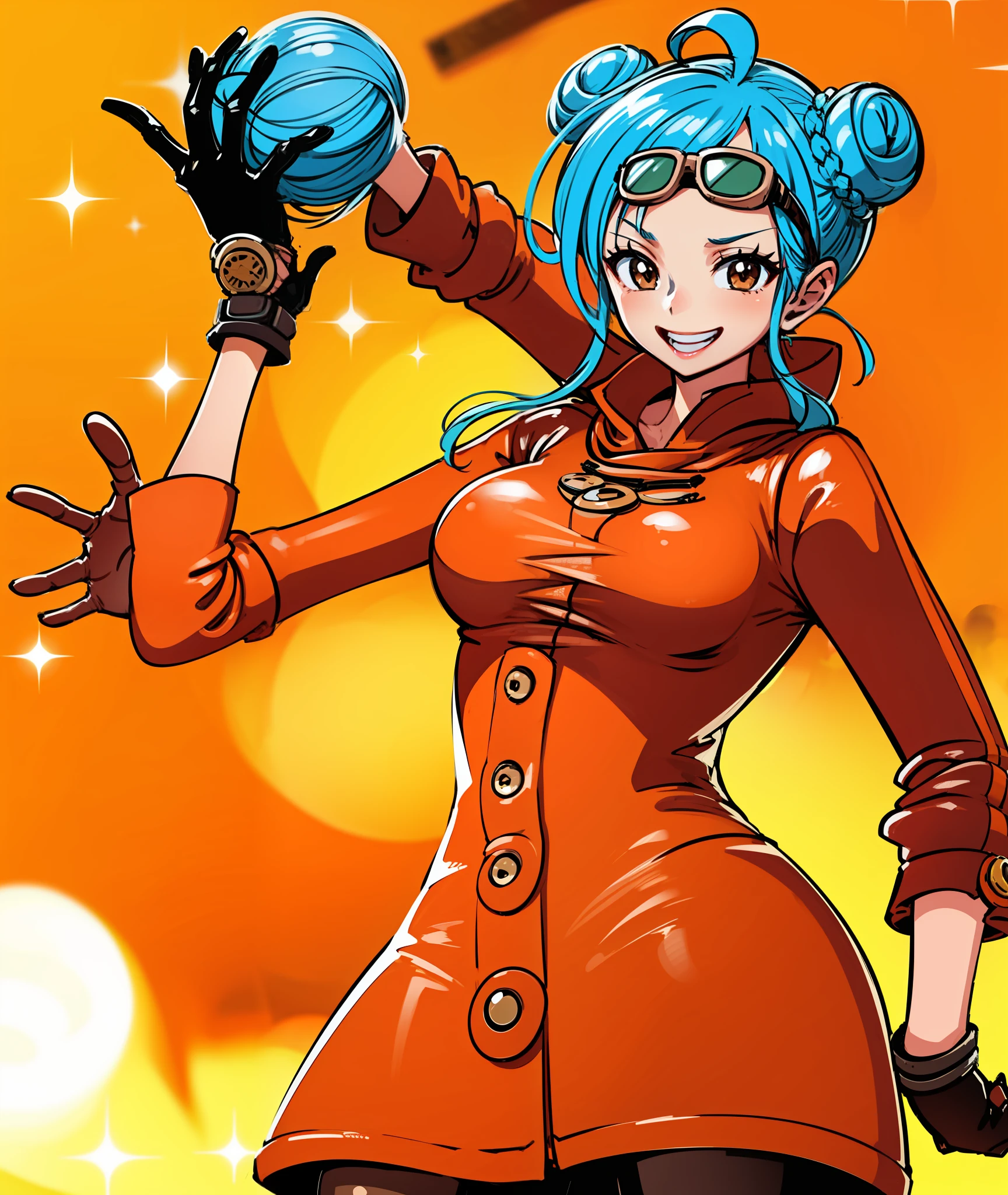 1girl, blue hair, long hair, hair in buns, brown clothes, brown eyes, goggles, brown gloves, confident, energetic, engineer, cute, happy, face shot