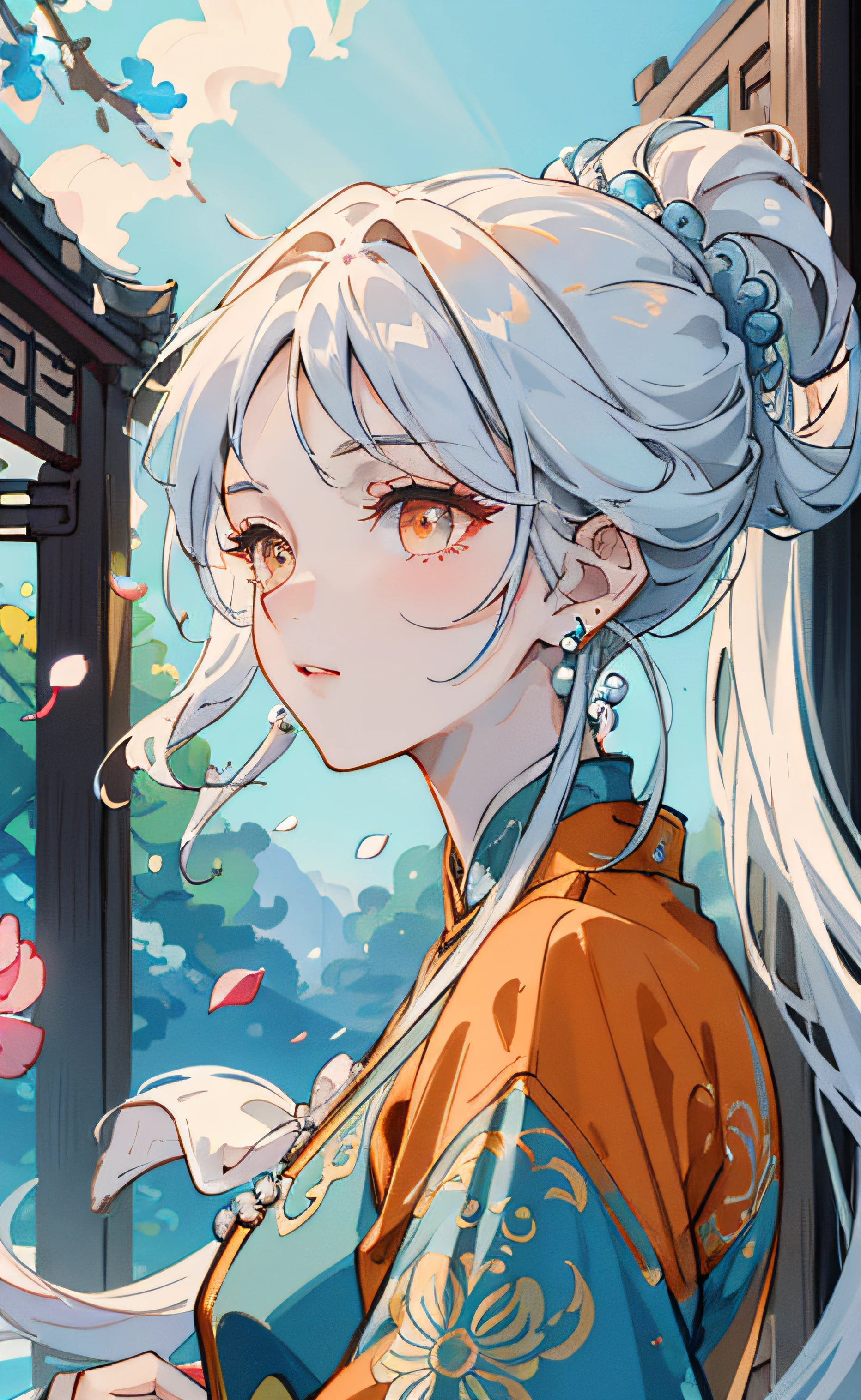 Mature girl, orange eyes, blue-white hair color, floating hair, delicate and flexible eyes, intricate damask hanfu, gorgeous accessories, wearing pearl earrings, fov, f/1.8, masterpiece, ancient Chinese architecture, blue sky, flower petals flying, front portrait shot, Chang'e, side lighting, sunlight on people, 8K