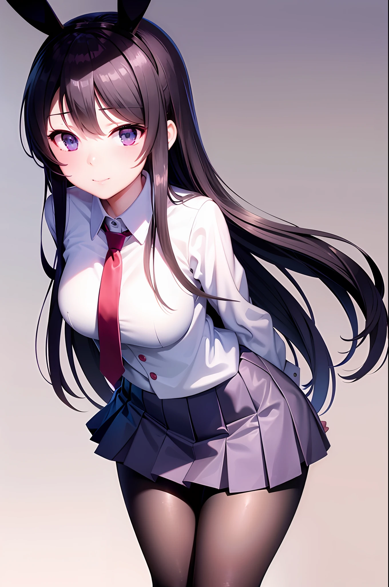 School uniform, white shirt, pantyhose, pleated skirt, tie, rabbit ears, Mai sauce, faint smile, mid_breats, best quality, behind arms, leaning forward