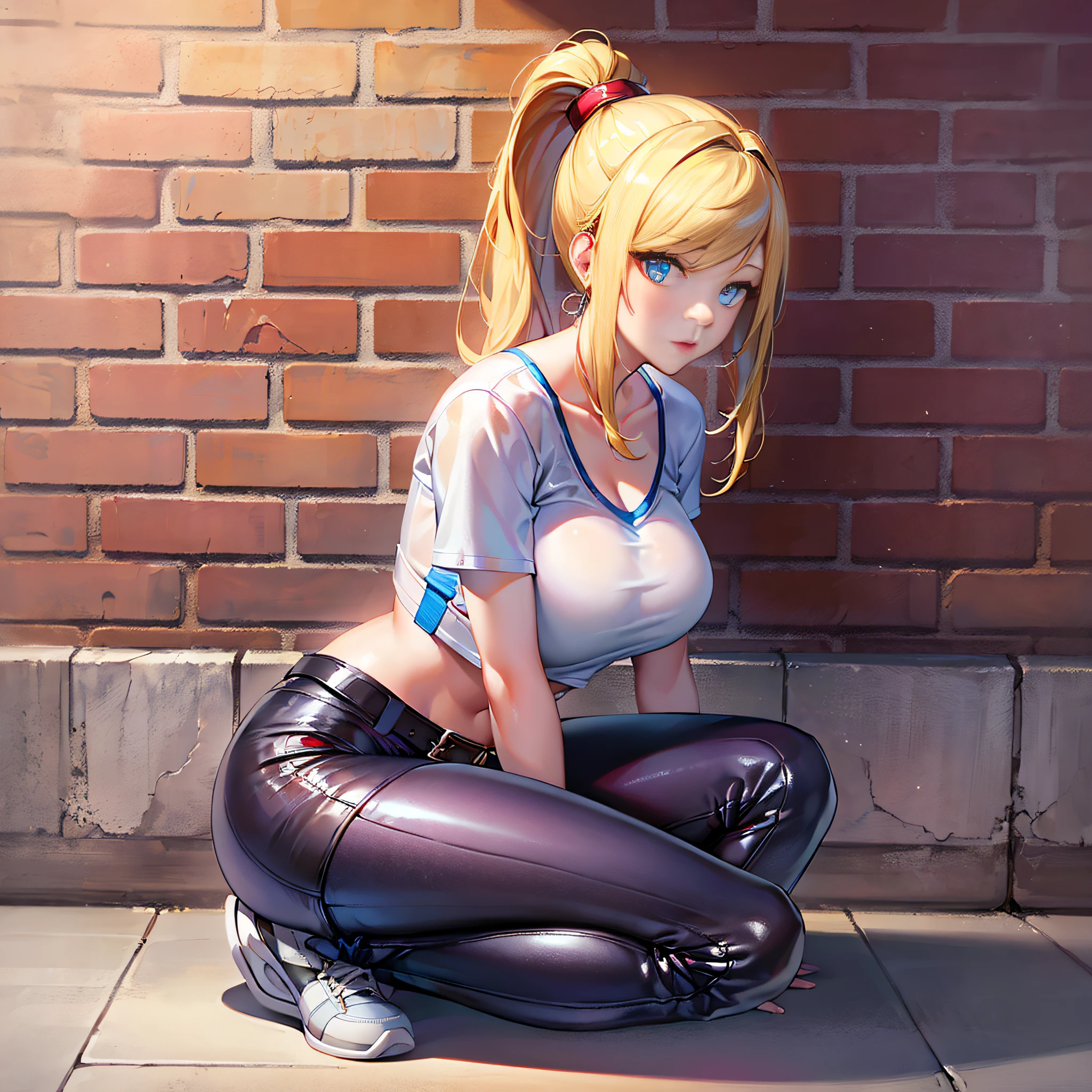 (masterpiece, best quality) 1.5, 1girl, solo, (sexy, beautiful woman, perfect face, perfect eyes), samus aran, leather legging pants with belt, white t-shirt with neckline, white sneaker, crouched with legs open, (blue eyes, blonde hair, ponytail) --auto --s2