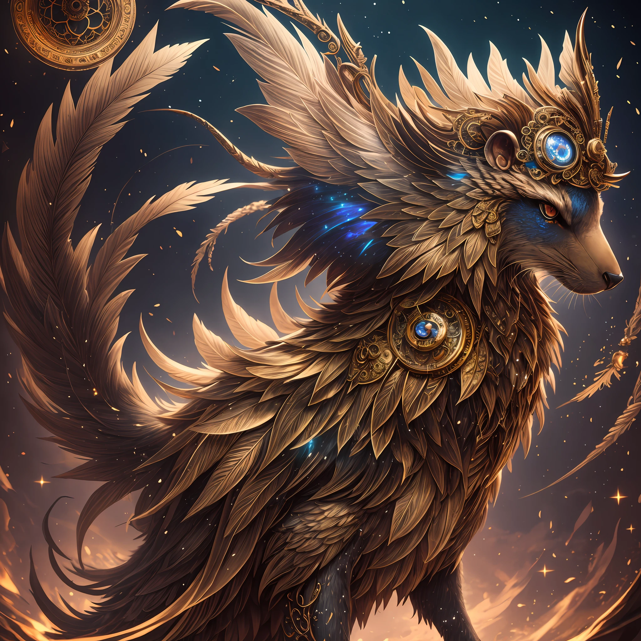 generate a celestial non-human animal in the style of steampunk and fantasy. the animal should be fluffy and have feathers and silk and satin. emphasize small details of fantasy and steampunk. camera: utilize interesting and dynamic composition. enhance visual interest. lighting: use ambient lighting that enhances the ambiance of fantasy. include bold colors and deep shadows. hires, detailed eyes, hires detailed eyes, hires small details, ornate, intricate details, 8k, shimmer, unity, official cgi unreal engine, high resolution, (((masterpiece))), high quality, highres, detail enhancement
