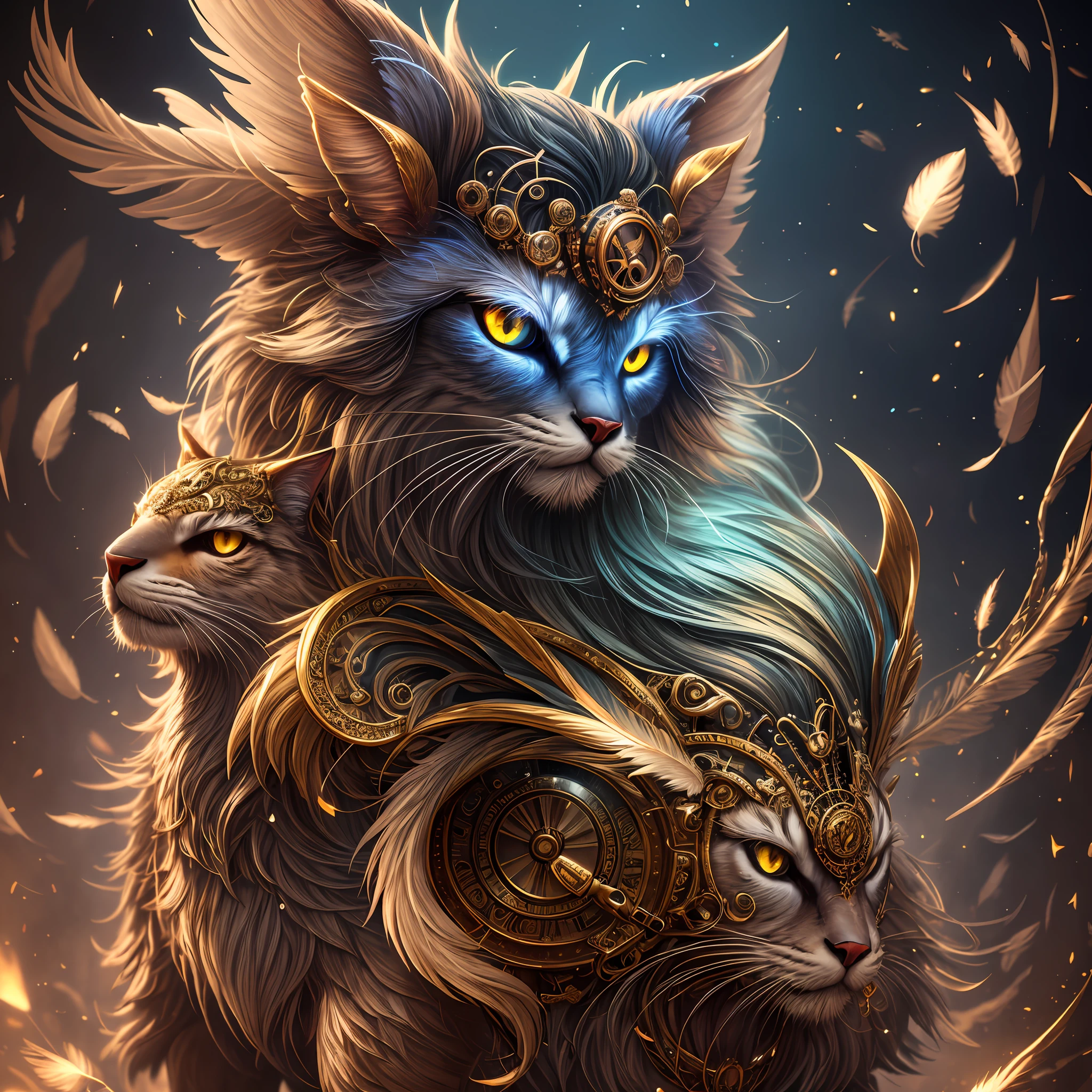 generate a celestial non-human animal in the style of steampunk and fantasy. the animal should be fluffy and have feathers and silk and satin. emphasize small details of fantasy and steampunk. camera: utilize interesting and dynamic composition. enhance visual interest. lighting: use ambient lighting that enhances the ambiance of fantasy. include bold colors and deep shadows. hires, detailed eyes, hires detailed eyes, hires small details, ornate, intricate details, 8k, shimmer, unity, official cgi unreal engine, high resolution, (((masterpiece))), high quality, highres, detail enhancement