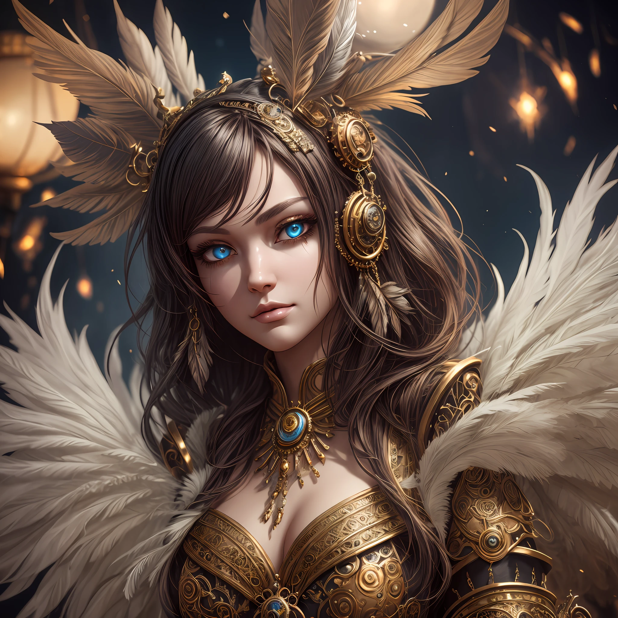 generate a celestial non-human animal in the style of steampunk and fantasy. the animal should be fluffy and have feathers and silk and satin. emphasize small details of fantasy and steampunk. camera: utilize interesting and dynamic composition. enhance visual interest. lighting: use ambient lighting that enhances the ambiance of fantasy. include bold colors and deep shadows. hires, detailed eyes, hires detailed eyes, hires small details, ornate, intricate details, 8k, shimmer, unity, official cgi unreal engine, high resolution, (((masterpiece))), high quality, highres, detail enhancement
