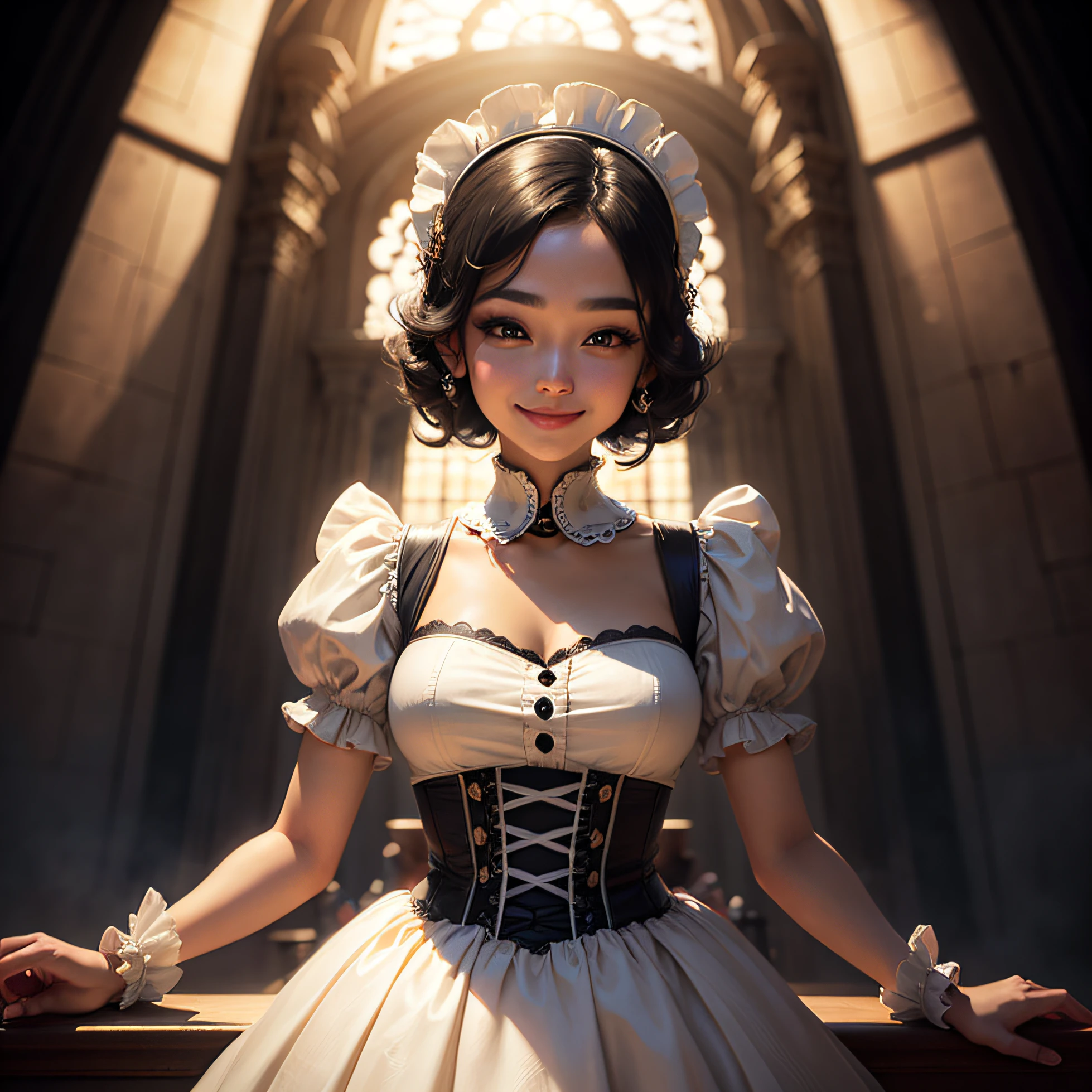 black hair, maid headdress, smile, rococo style, Futurism, god rays, UHD, masterpiece, textured skin, high quality, best quality --auto