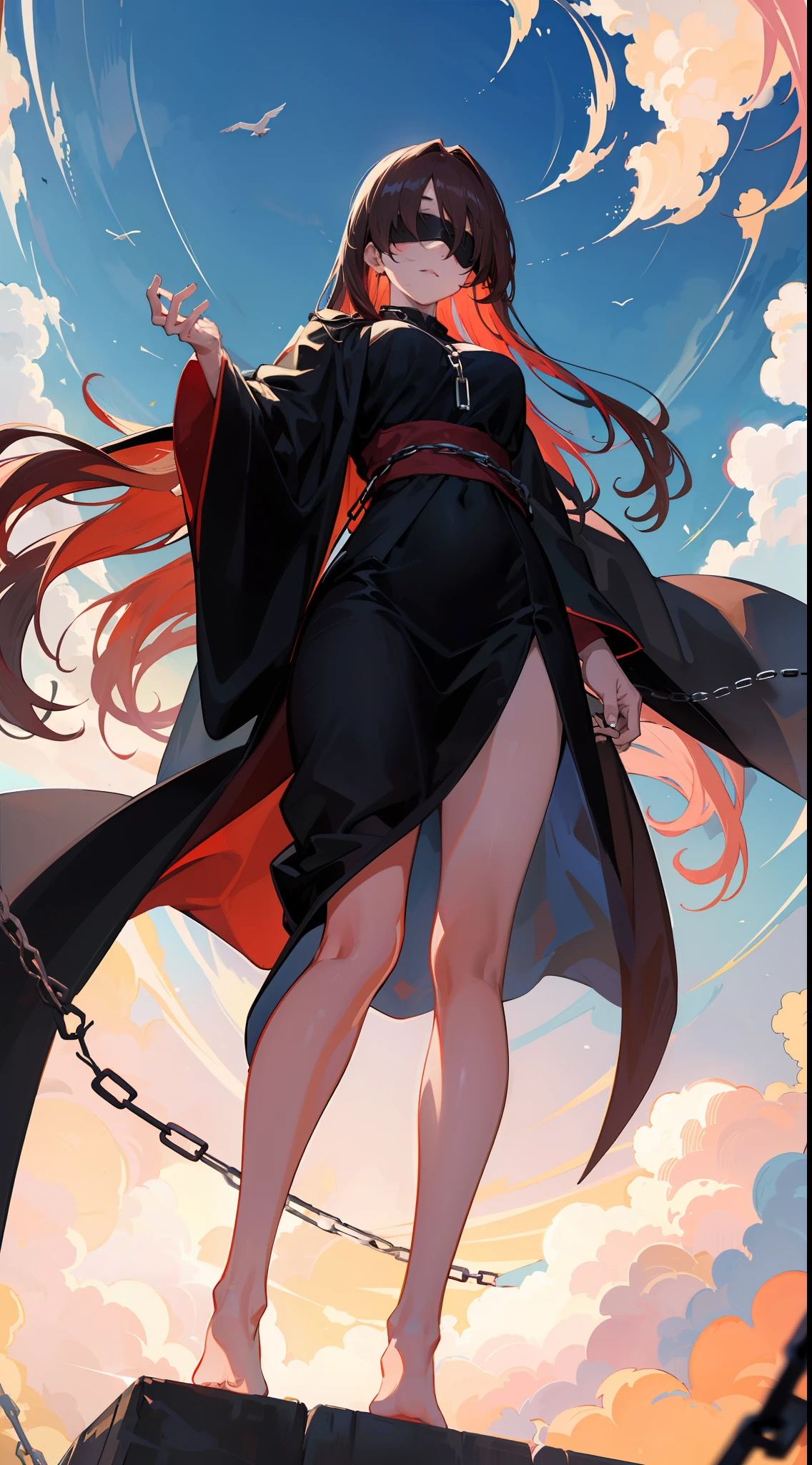1girl, red long flowing hair, black cloth covered eyes. wears a black robe, chains bind her hands, she flies through the sky, picture taken from below