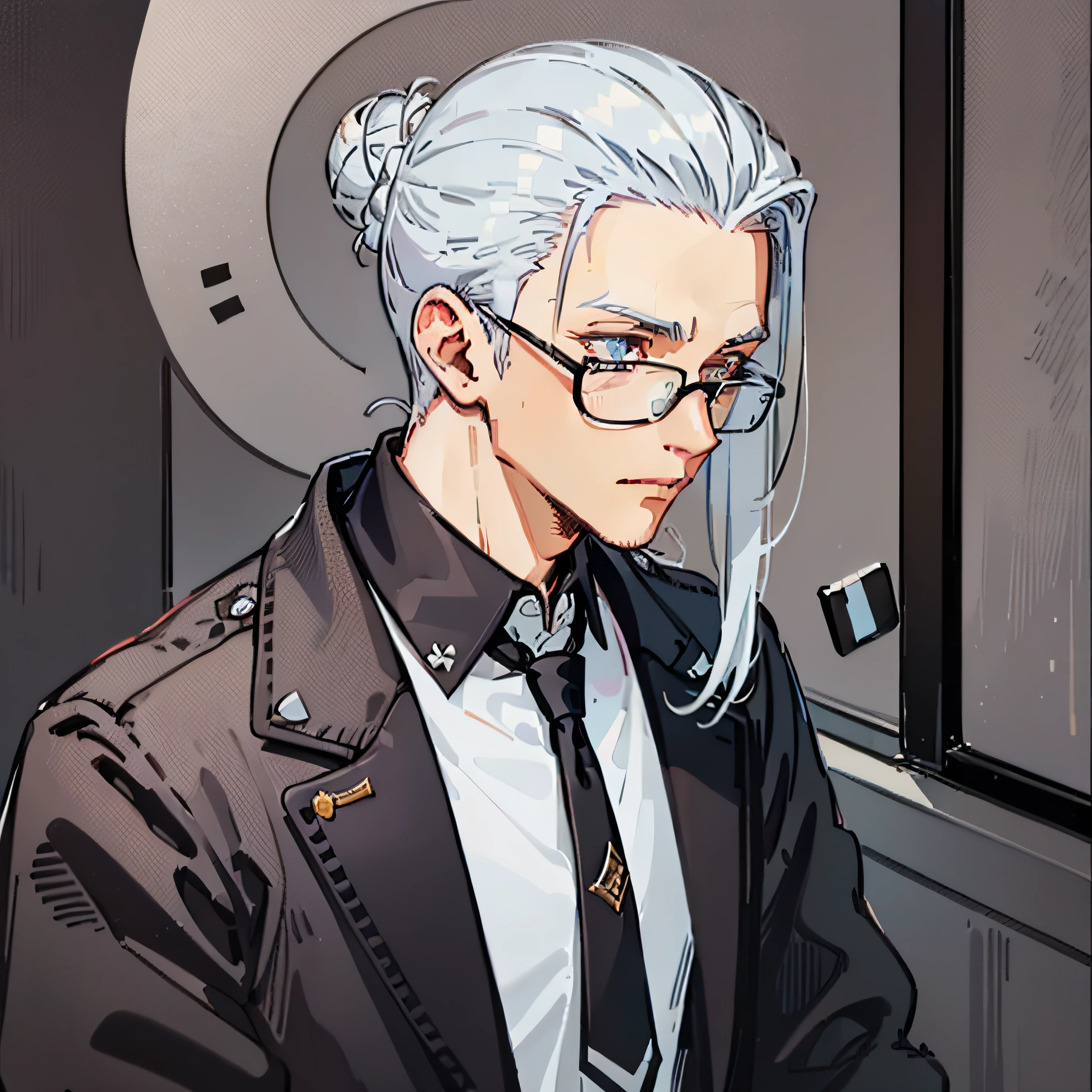 A man with long silver hair tied back in a bun with shaved sides, wears black glasses. Wears a black coak-jacket with a white button up shirt.