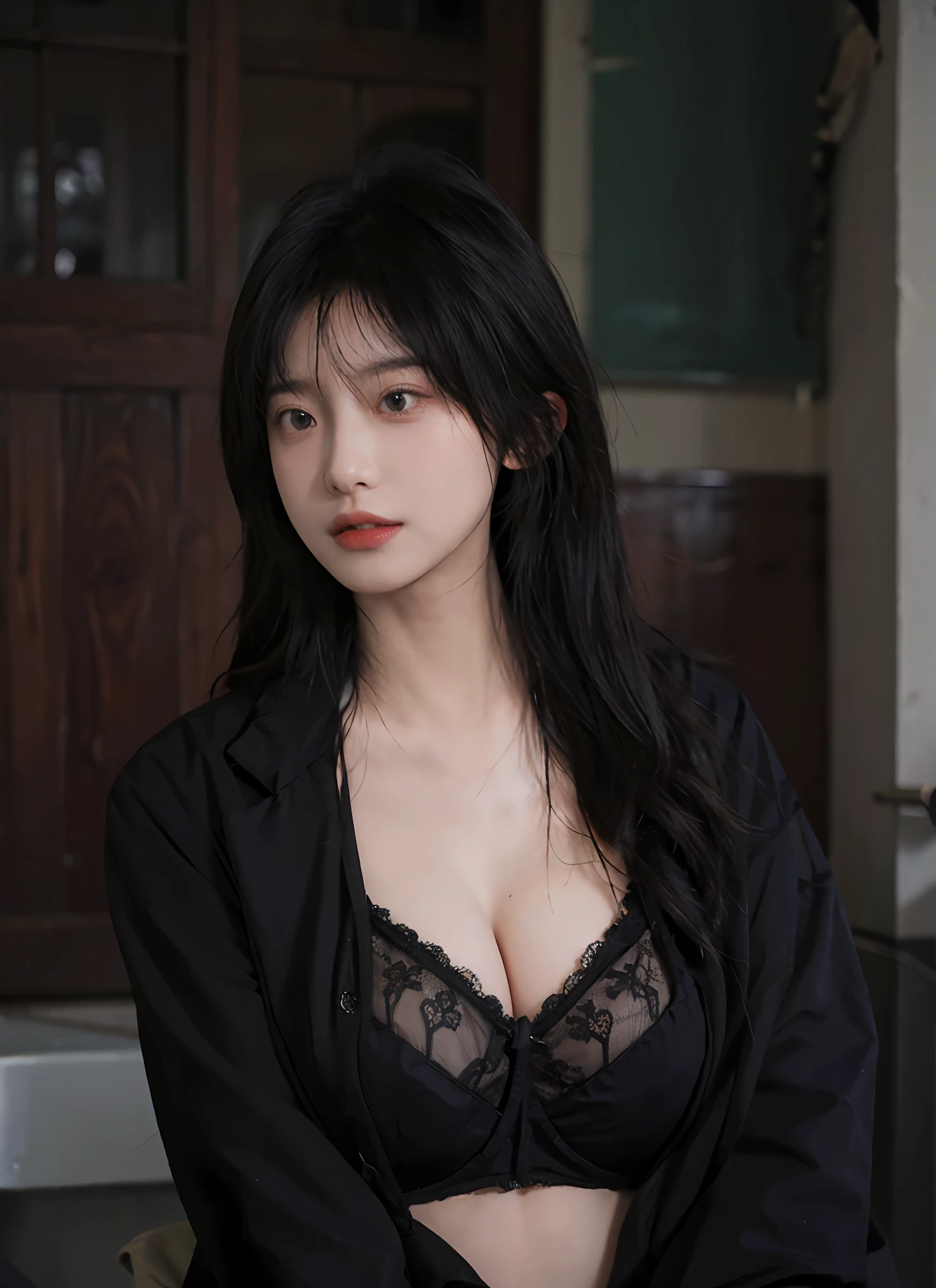 Best Quality, Masterpiece, Ultra High Resolution, School Junior, (Realistic: 1.4), 1 Girl, Sexy, (Open Black Coat: 1.2), (Bra: 1.2), (Big Boob: 1.3), (Upper Body: 1.4)