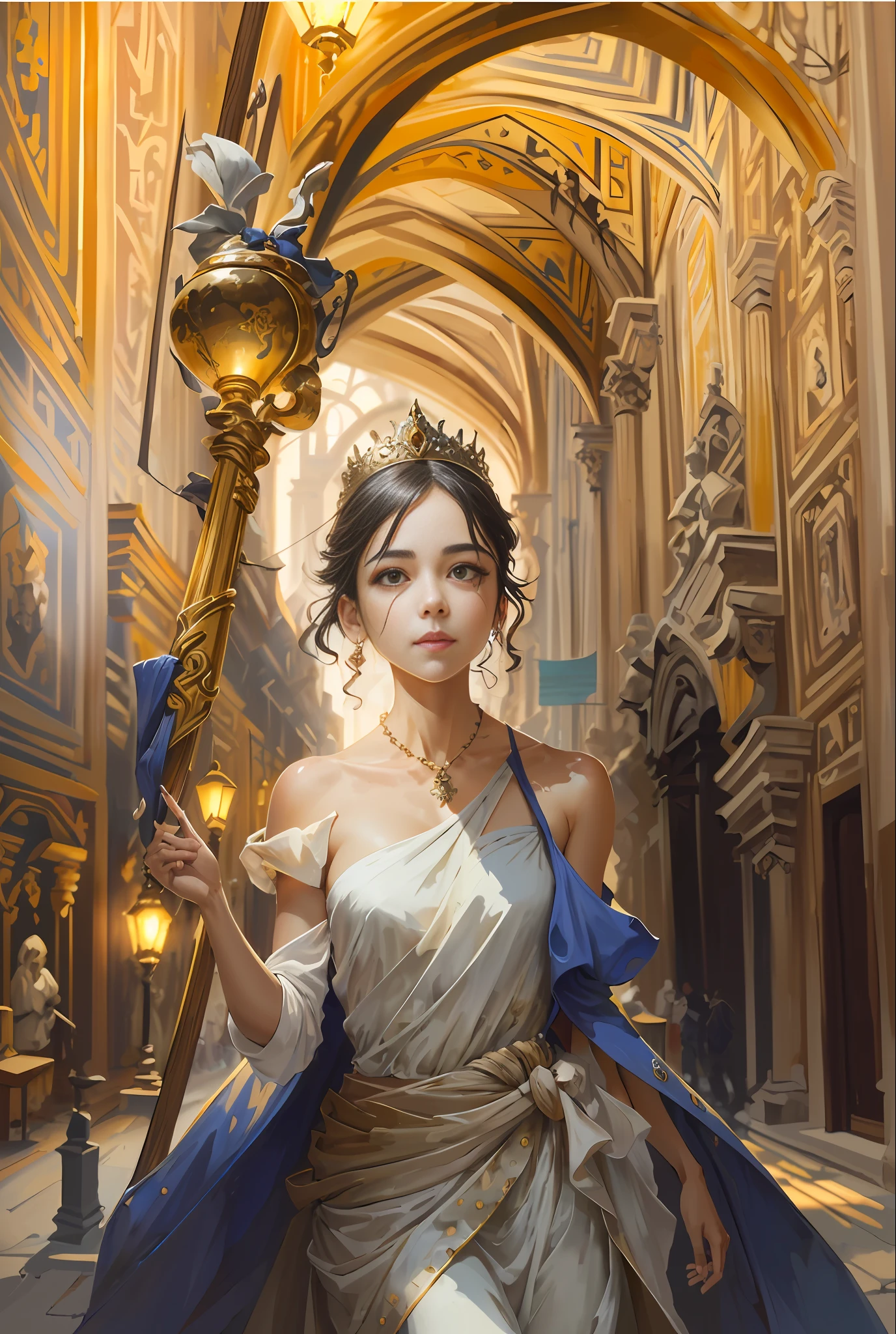 Model shooting style, (extremely detailed CG Unity 8k wallpaper), full-shot body photo of the most beautiful artwork in the world, stunning beautiful photo realistic available, super realistic super detailed photo, a beautiful girl as a female dancer entering the Loggia dei Lanzi of Florence,complex dress, banquet, crowd, [slight smile], (Sculpture of Hercules background), (princess eyes, shining pupils), detailed symmetrical beautiful hazel eyes, detailed gorgeous face, highly detailed, Vibrant, professional majestic oil painting by Ed Blinkey, Atey Ghailan, Studio Ghibli, Jeremy Mann, Greg Manchess, Antonio Moro, ArtStation Trends, CGSociety Trends, Complex, High Detail, Sharp Focus, Dramatic, Realistic Painting Art, by Midjourney and Greg Written by Rutkowski
