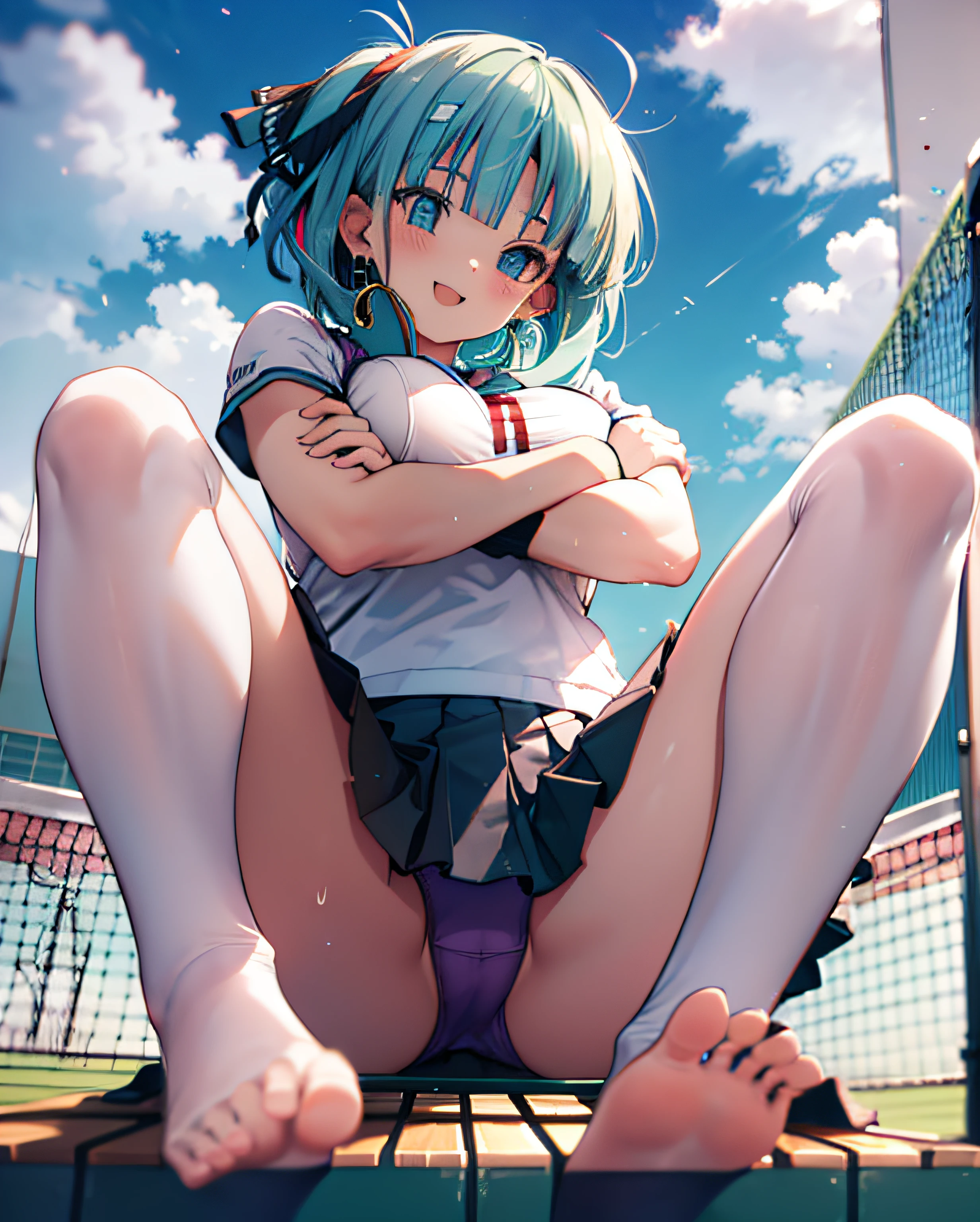absurdres, highres, BREAK looking at viewer, full body, (from below:1.5) BREAK (vivid-color:1.3) BREAK (one girl:1.3), ((((((bulma)))))) in tennis uniform, hairclip, earrings, jewelry, nm1, hair ribbon, short hair, tennis cosplay, (pleated super short skirt:1.4), (thighs:1.3), ((((large breasts)))), (evil smile:1.3), open mouth, (folding one's arms:1.3), (breast:1.3), round eyes, (blowing in the wind:0.5), sweat around girl, dripping sweat, (((Very pretty panties))), (sit on a bench:1.3), (bare feet:1.3), (foot focas:1.2),spread legs,looking down,looking at viewer, perfect foot,emphasis on the soles of the feet, from below ceiling, breath, pov, (shiny skin:1.1), squall (wind:1.2), sense of speed, refreshing breeze, motion blur effect, wind BREAK background is (tennis court:1.3), (Stand in the center of the screen:1.3), (10,000 people spectators:1.3), multiple people behind you, blue sky with clouds, outdoors, (magnificent panorama view:1.2), wind BREAK sunlight, magnificent view, rainbow in the sky, light particles, dynamic angle, dutch angle, perspective BREAK (daytime, sunbeam:1.2), depth of field, bokeh, light leaks, (chromatic aberration:1.2), noon BREAK