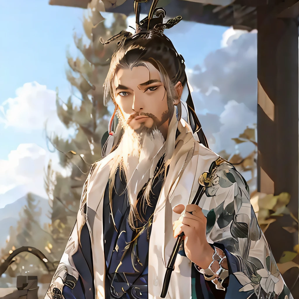 masterpiece,  best quality,   extremely detailed CG, Zen atmosphere,  anime screencap, long beard, 1 boy,  Daoist uniform,  long sleeves,  Touji,   solo, Chinese long beard,  . ribbon, cloud, smoke, sky,