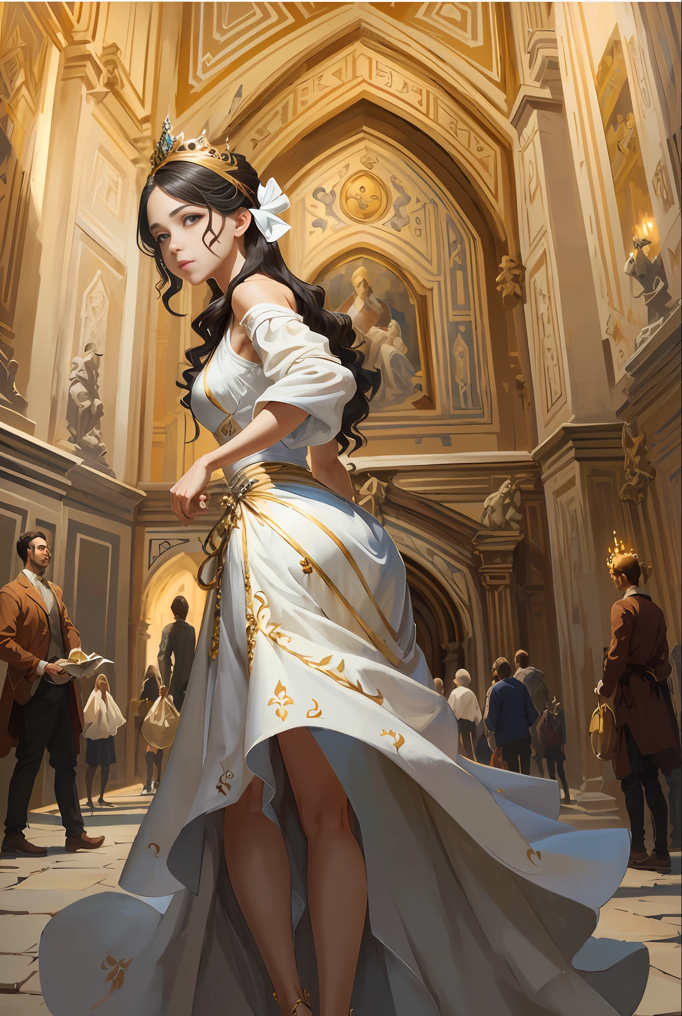 Model shooting style, (extremely detailed CG Unity 8k wallpaper), full-shot body photo of the most beautiful artwork in the world, stunning beautiful photo realistic available, super realistic super detailed photo, a beautiful girl as a female dancer entering the Loggia dei Lanzi of Florence,complex dress, banquet, crowd, [slight smile], (Sculpture of Hercules background), (princess eyes, shining pupils), detailed symmetrical beautiful hazel eyes, detailed gorgeous face, highly detailed, Vibrant, professional majestic oil painting by Ed Blinkey, Atey Ghailan, Studio Ghibli, Jeremy Mann, Greg Manchess, Antonio Moro, ArtStation Trends, CGSociety Trends, Complex, High Detail, Sharp Focus, Dramatic, Realistic Painting Art, by Midjourney and Greg Written by Rutkowski