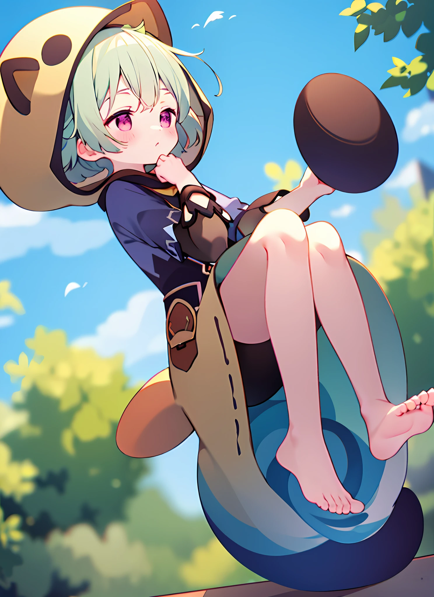 blush, outdoors, daytime, simple background, blue sky, rippled hair, sky, looking at the audience , very cute expression, small short legs, avatar, toes, sleeping