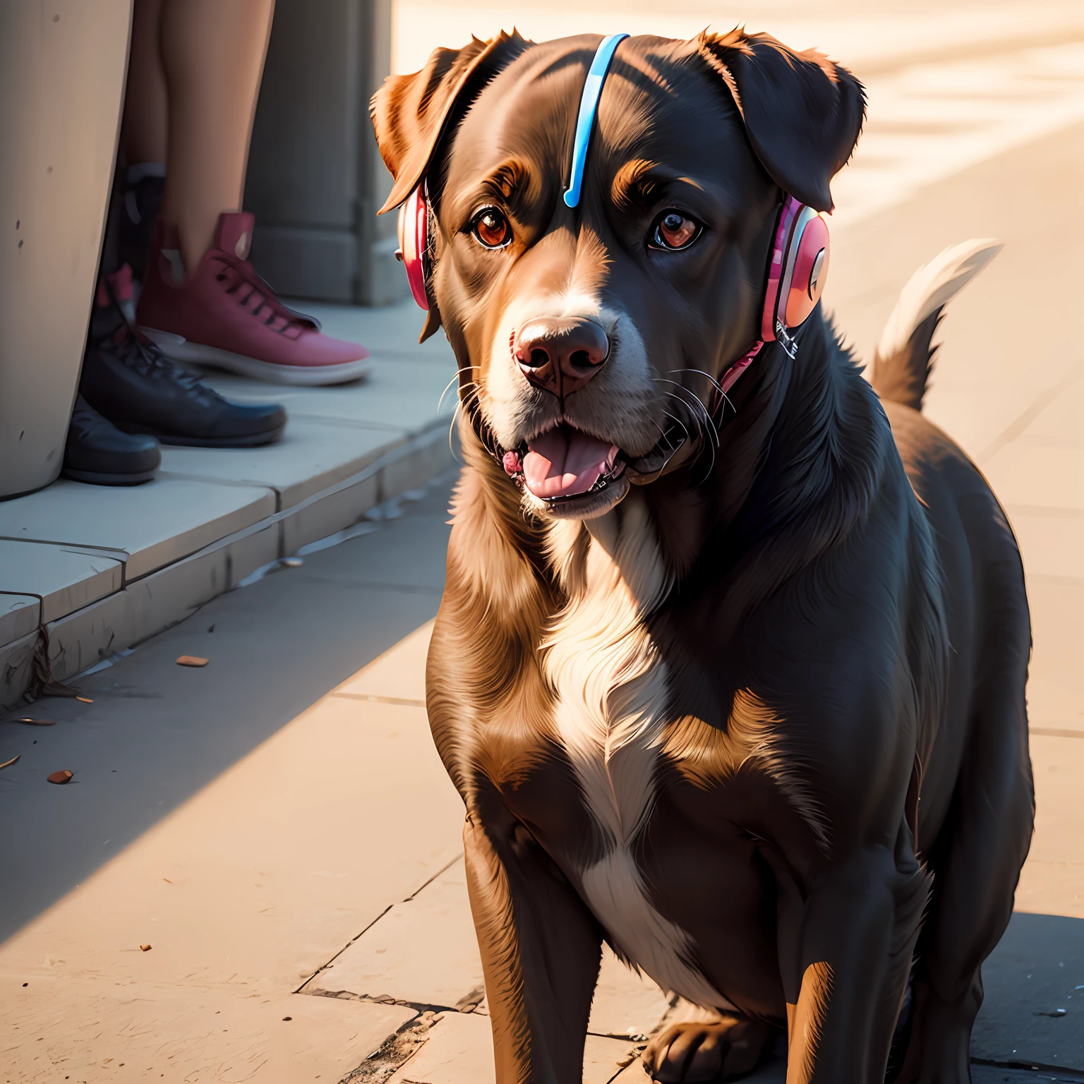 A Labrador wearing sunglasses and headphones cracked his mouth --auto