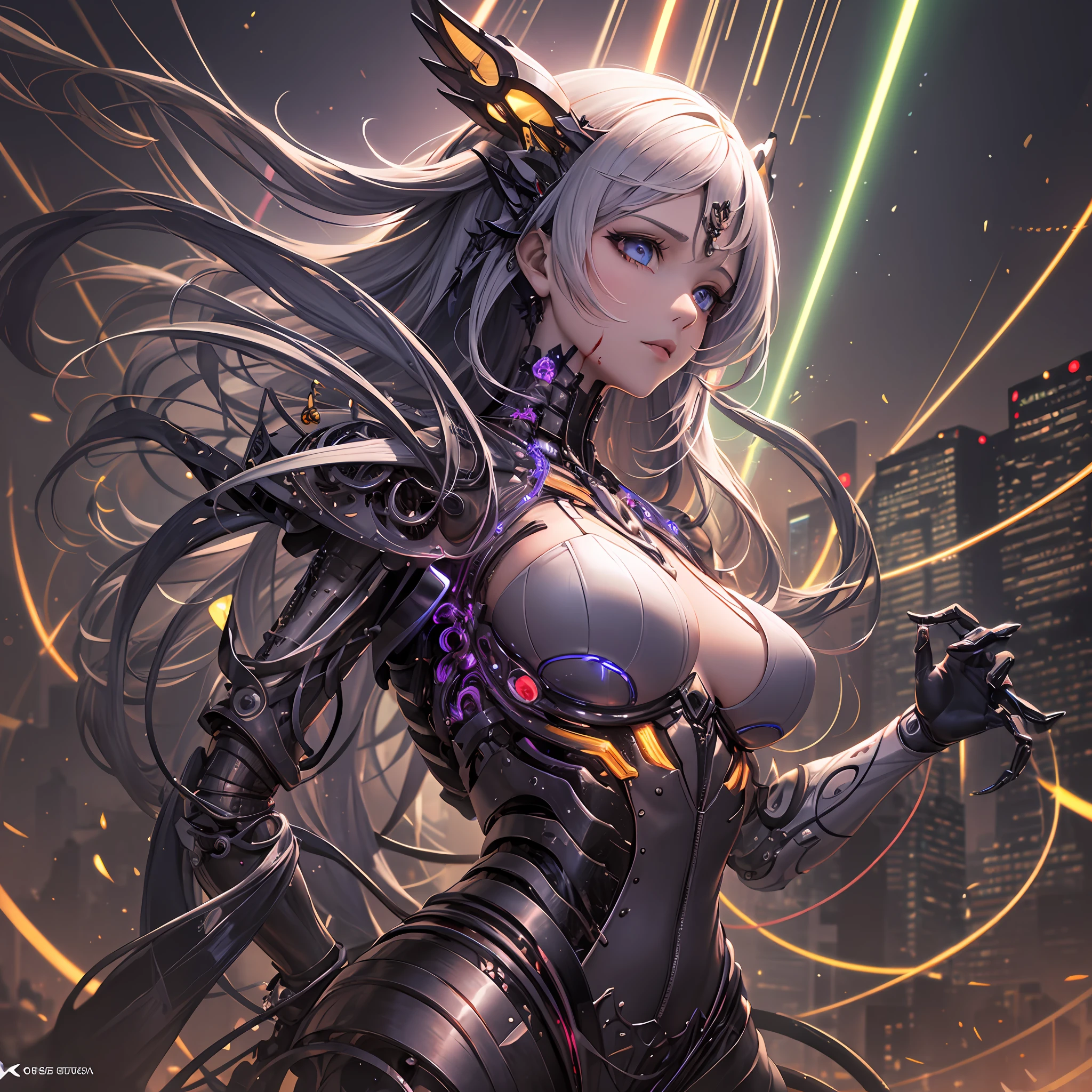 Ultra-sharp, metal, intricate ornament details, very complex details, realistic light, CGSetsoation trend, mechanical limbs, blood vessels connected to tubes, mechanical vertebrae attached to the back, mechanical cervix attached to the neck, wires and cables connecting to the head, white french blade long hair, shiny blue eyes, background galaxy radiates many lines radial rainbow and golden neon lights, cyberpunk, vivid planet, fantasy, portrait, animation, high resolution, top quality, very high image quality, ultra-detailed, ultra-realistic, photorealistic