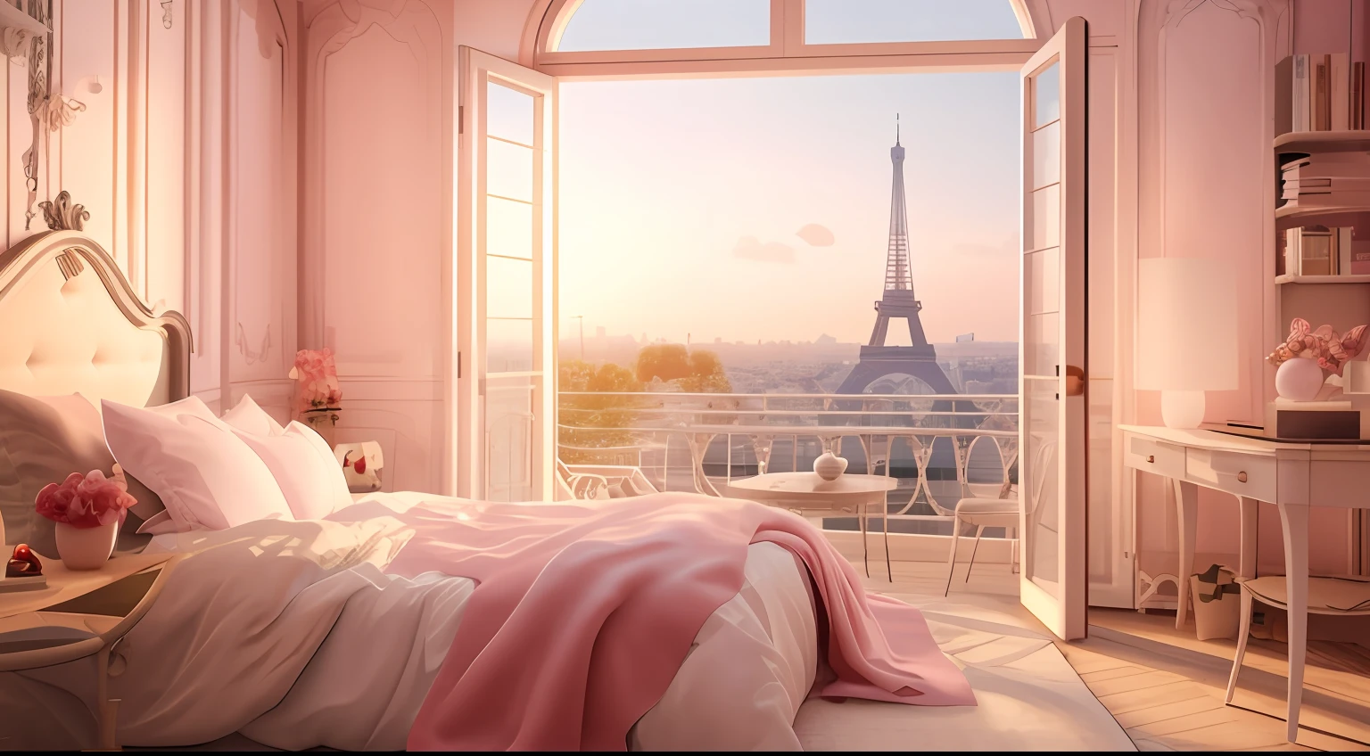 arafed bedroom with a view of the eiffel tower, romantic ambiente, beautful view, beautiful morning, dreamy and romantic, unreal engine ; romantic theme, with eiffel view, with soft pink colors, paris background, bedroom background, romantic themed, dreamy scene, romantic atmosphere, morning time, paris hotel style, in romantic style, dreamy atmosphere