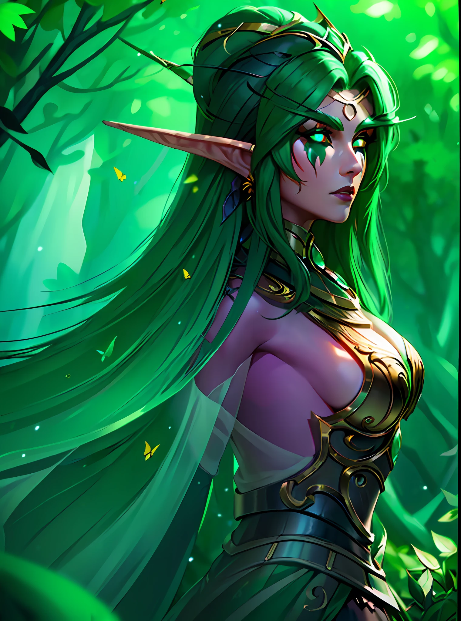 (((Masterpiece, high quality)))), first quality, elf, long hair loose and black, green eyes, short battle armor in gold and black detail, large bow on his golden and emerald green head, in a light green forest, butterflies shining, large roots of trees ((cinematic light))