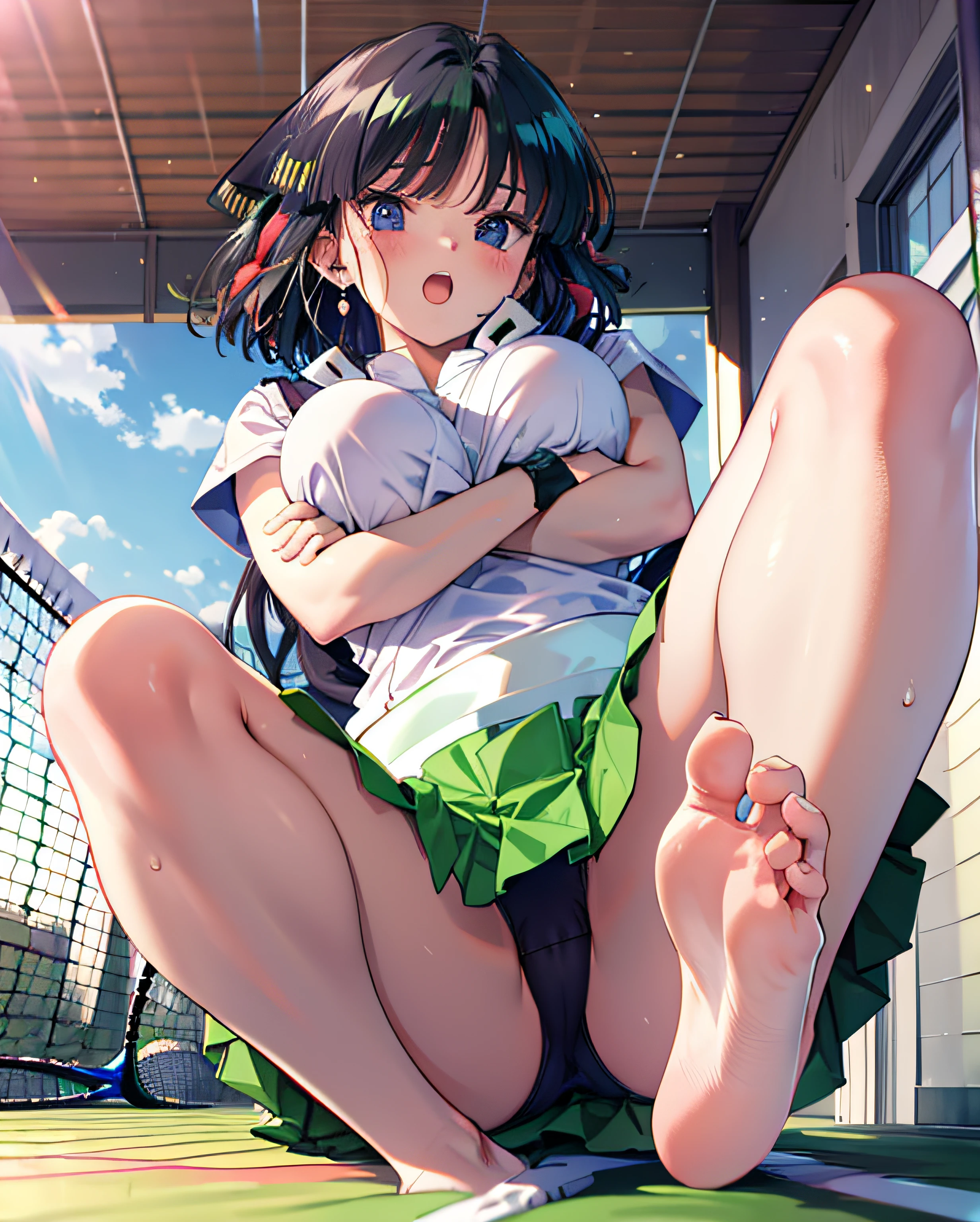 absurdres, highres, beautiful, masterpiece, best quality, extremely detailed face, BREAK looking at viewer, full body, (from below:1.5) BREAK (vivid-color:1.3) BREAK (one girl:1.3), (((((((kagome))))))) in tennis uniform, hairclip, earrings, jewelry, nm1, hair ribbon, short hair, tennis cosplay, (pleated super short skirt:1.4), (thighs:1.3), ((((large breasts)))), open mouth, (folding one's arms:1.3), (breast:1.3), round eyes, (blowing in the wind:0.5), sweat around girl, dripping sweat, (((Very pretty panties))), (sit on a bench:1.3), (bare feet:1.3), (foot focas:1.2),spread legs,looking down,looking at viewer, perfect foot,emphasis on the soles of the feet, from below ceiling, breath, pov, (shiny skin:1.1), squall (wind:1.2), sense of speed, refreshing breeze, motion blur effect, wind BREAK background is (tennis court:1.3), (Stand in the center of the screen:1.3), (10,000 people spectators:1.3), multiple people behind you, blue sky with clouds, outdoors, (magnificent panorama view:1.2), wind BREAK sunlight, magnificent view, rainbow in the sky, light particles, dynamic angle, dutch angle, perspective BREAK (daytime, sunbeam:1.2), depth of field, bokeh, light leaks, (chromatic aberration:1.2), noon BREAK