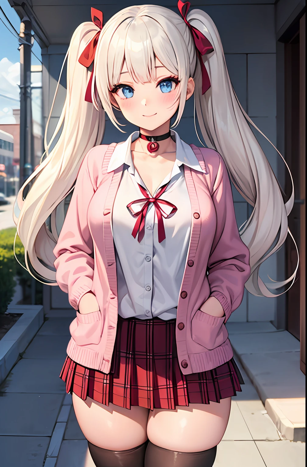 1girl, solo focus, young women, skin imperfection, light white skin, perfect face, puffy face, beautiful face, puffy eyes, blue eyes, big eyes, perfect eyes, eyelashes, long platinum blonde hair, bangs, makeup, blush, blush nose, glitter makeup on eyes, detailed anime soft face, pink clothes, highres, twintails, hair ribbon, long sleeves, red bow, pink cardigan, white thighhighs, red pink plaid skirt, red ribbon, black choker, school uniform, open shirt, collarbone, outdoors, cowboy shot, standing, smile, hands behind back