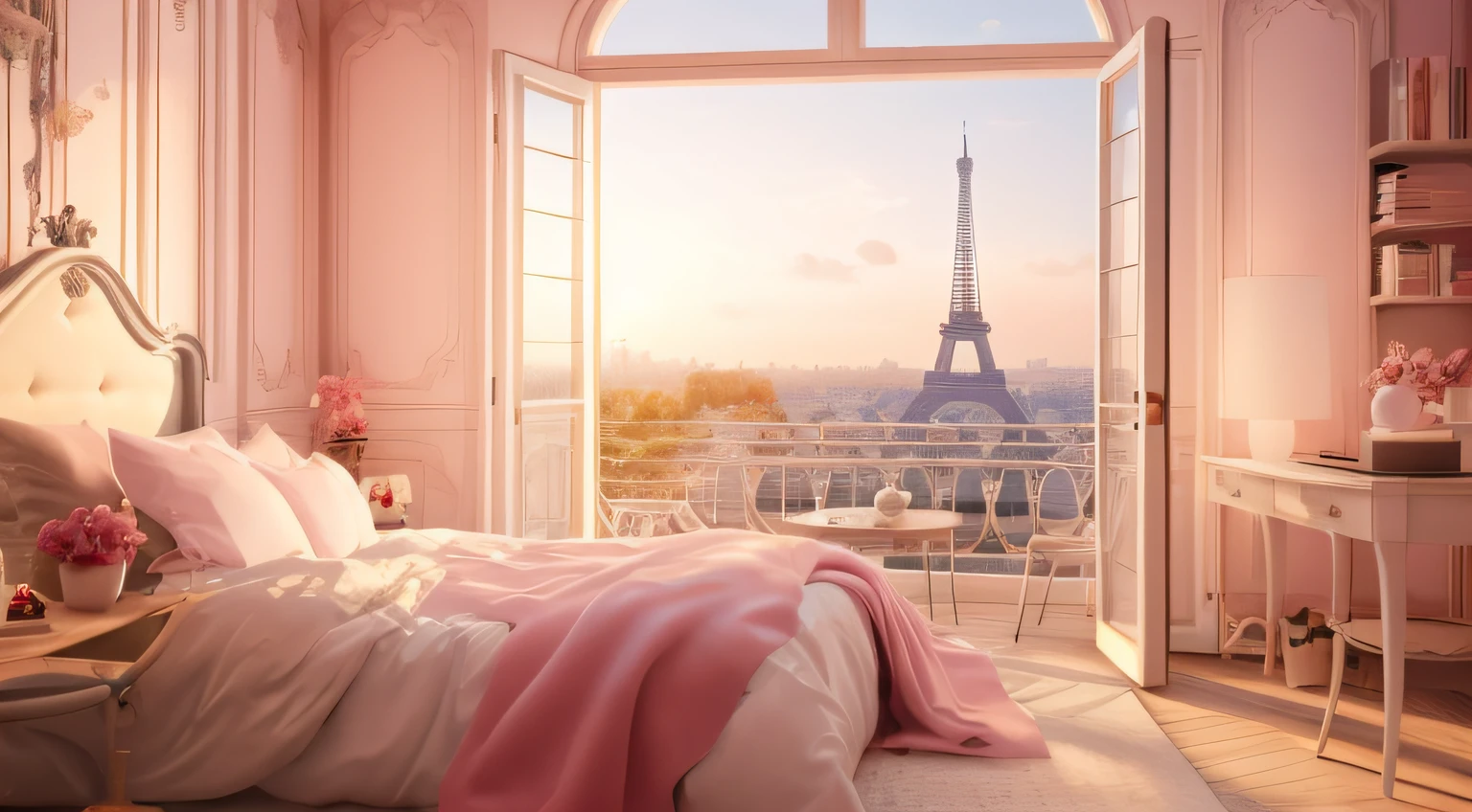 arafed bedroom with a view of the eiffel tower, romantic ambiente, beautful view, beautiful morning, dreamy and romantic, unreal engine ; romantic theme, with eiffel view, with soft pink colors, paris background, bedroom background, romantic themed, dreamy scene, romantic atmosphere, morning time, paris hotel style, in romantic style, dreamy atmosphere