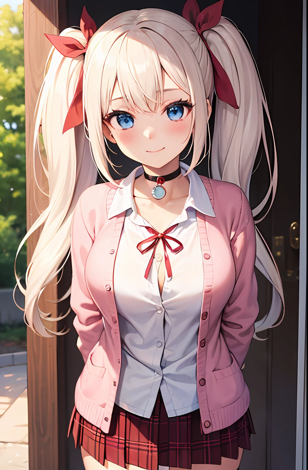 1girl, solo focus, young women, skin imperfection, light white skin, perfect face, puffy face, beautiful face, puffy eyes, blue eyes, big eyes, perfect eyes, eyelashes, long platinum blonde hair, bangs, makeup, blush, blush nose, glitter makeup on eyes, detailed anime soft face, pink clothes, highres, twintails, hair ribbon, long sleeves, red bow, pink cardigan, white thighhighs, red pink plaid skirt, red ribbon, black choker, school uniform, open shirt, collarbone, outdoors, cowboy shot, standing, smile, hands behind back