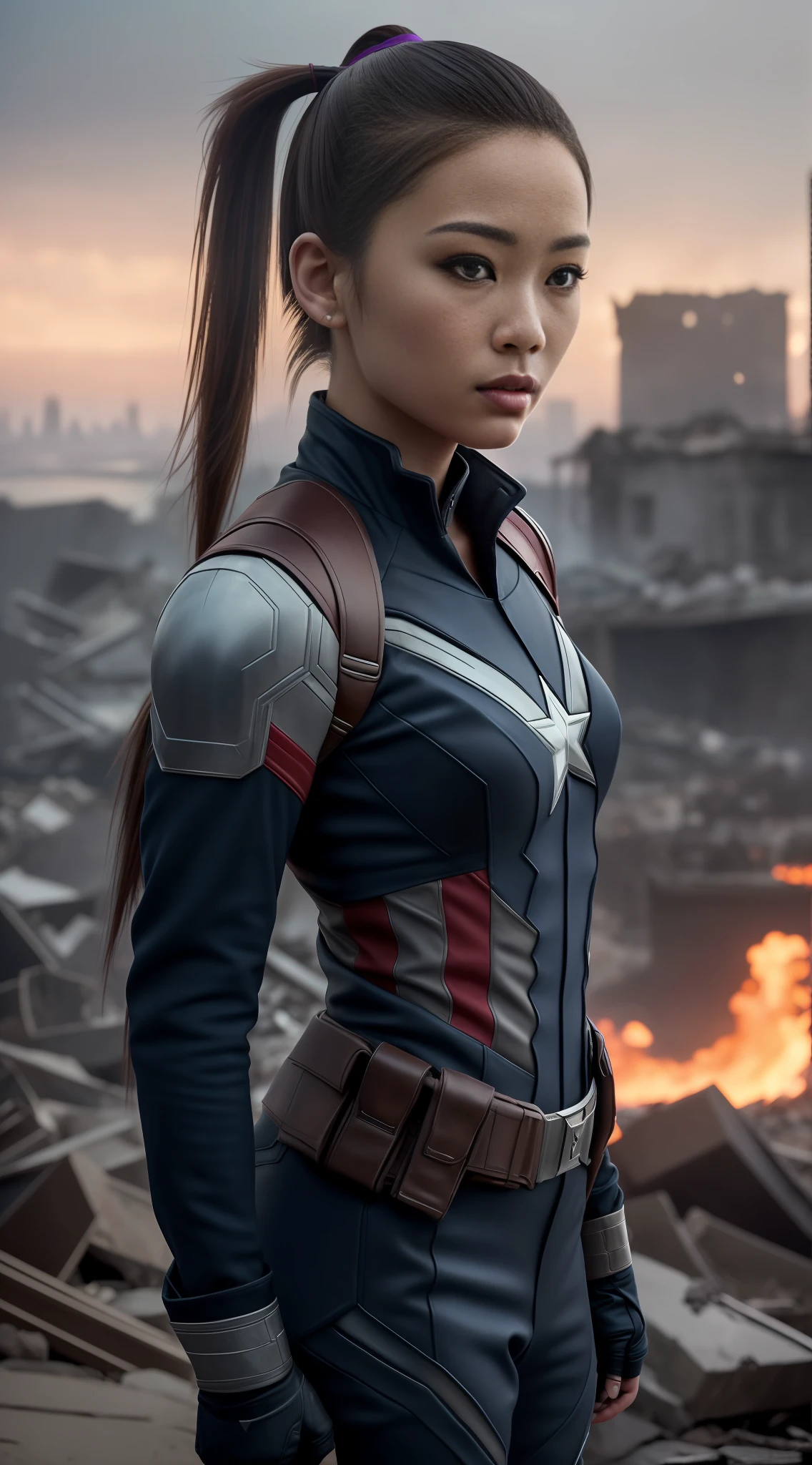 1girl, (((solo))), a young Asian girl dressed in the uniform of Marvel's Captain America (((adapt to female body, complex details, absurd))). Her face is beautiful and delicate, flushed cheeks, purple mascara, purple lipstick on her lips. Detail your green eyes. Their hair is purple straight and long ((((ponytail))). Depict full body, in an imposing pose. She is on the top of a hill and in the background there is a destroyed city in flames (((insane details, hyperrealistic))). Hyperrealistic, high quality, (((masterpiece)))), ultra HD, 8K.
