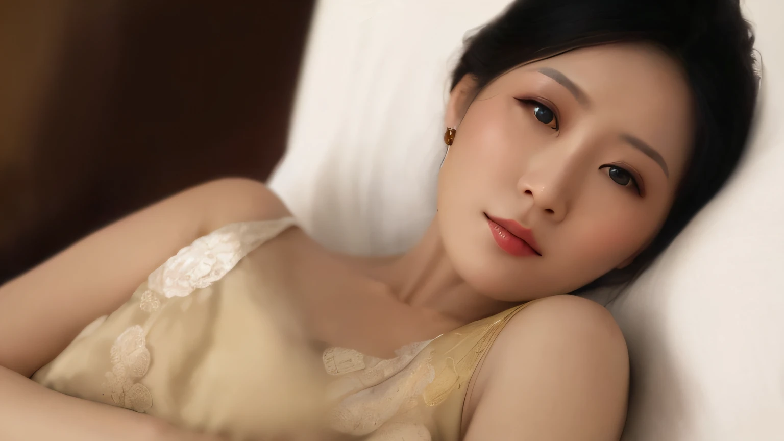 there is a woman laying on a bed with a pillow, digital art of an elegant, elegant digital painting, realistic. cheng yi, glossy digital painting, digital art. photo realistic, realistic digital painting, chinese girl, photorealistic beautiful face, detailed face of a asian girl, photorealistic digital painting, artwork in the style of guweiz, lovely woman