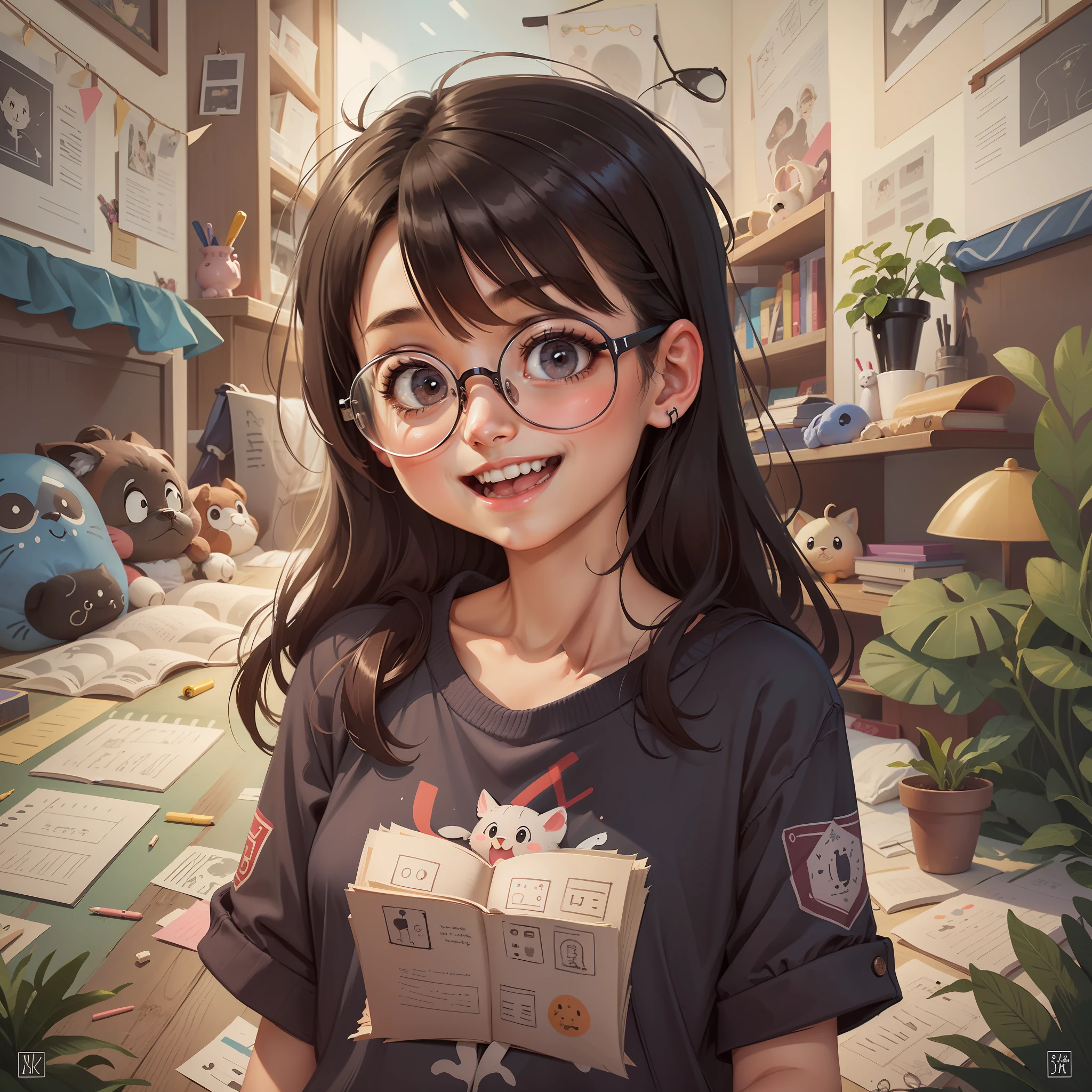 -yeld gi black hair, eyeglasses, appeared cheerful, ultra detailed, children's drawing(((solo)))))in her room, reading a book