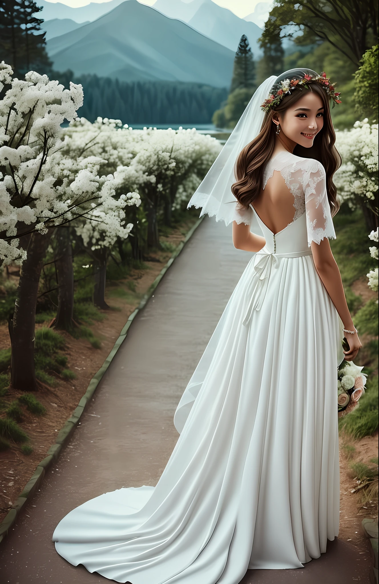 Masterpiece, highest quality, solo focus, complex
(High detail: 1.1) (Perfect face: 1.1) white wedding dress, pretty Japan woman, smiling, lace, veil, fantasy, white flowers on head, mysterious lake,
Viking origin, glowing eyes, full body, back figure, turn around, Lee Jeff
Leeds Nikon D850 Film Stock Photo 4 |
Kodak Portra 400 Camera F1.6 Lens
Rich colors Ultra realistic
Realistic textures Dramatic lighting
Unreal Engine
Trending at Art Station CineStill
800 --auto