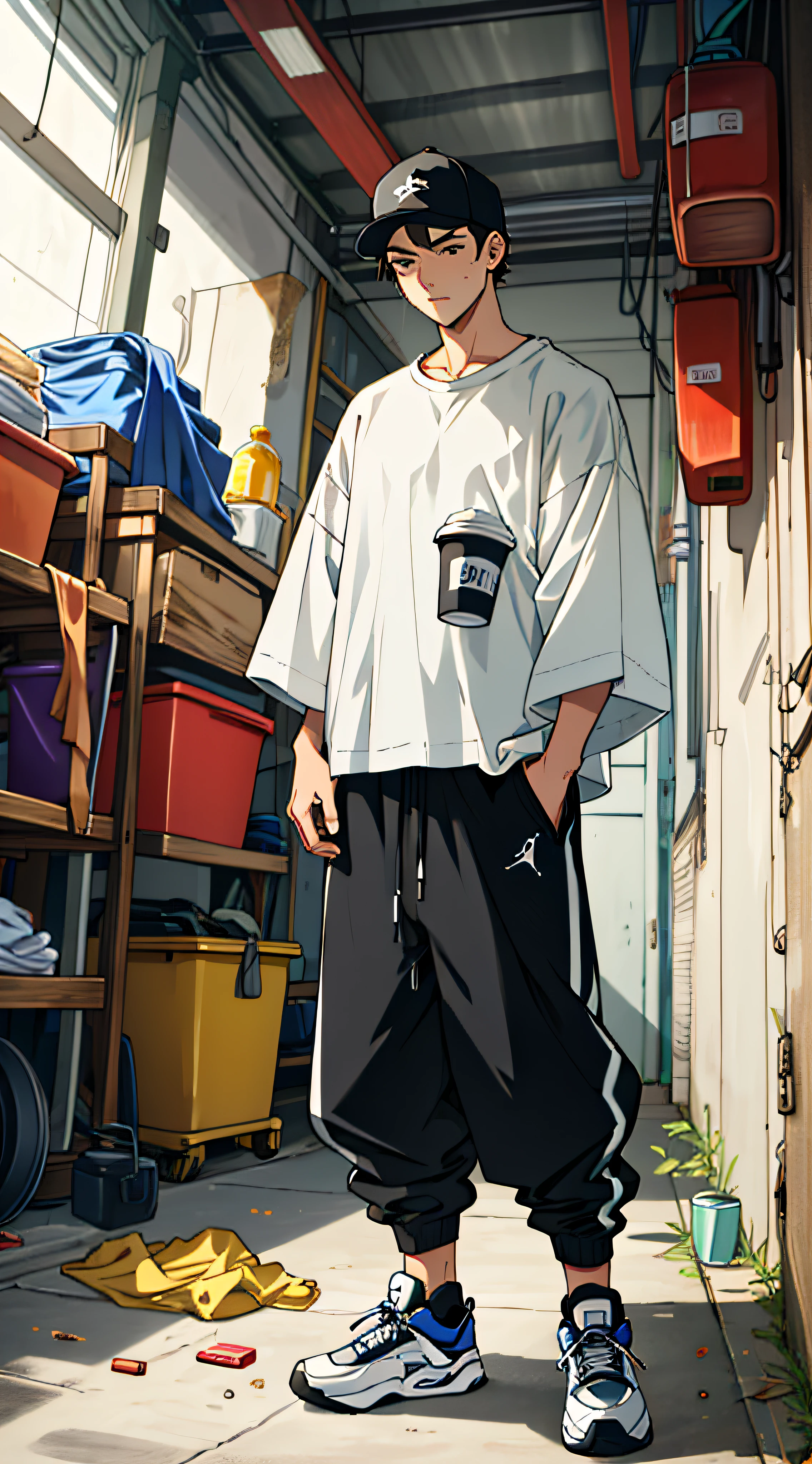 Image of a man in a garage wearing Jordan Retro 4 sneakers, baggy pants, baggy blouse, very detailed clothes, (lean cup in hand), depression
