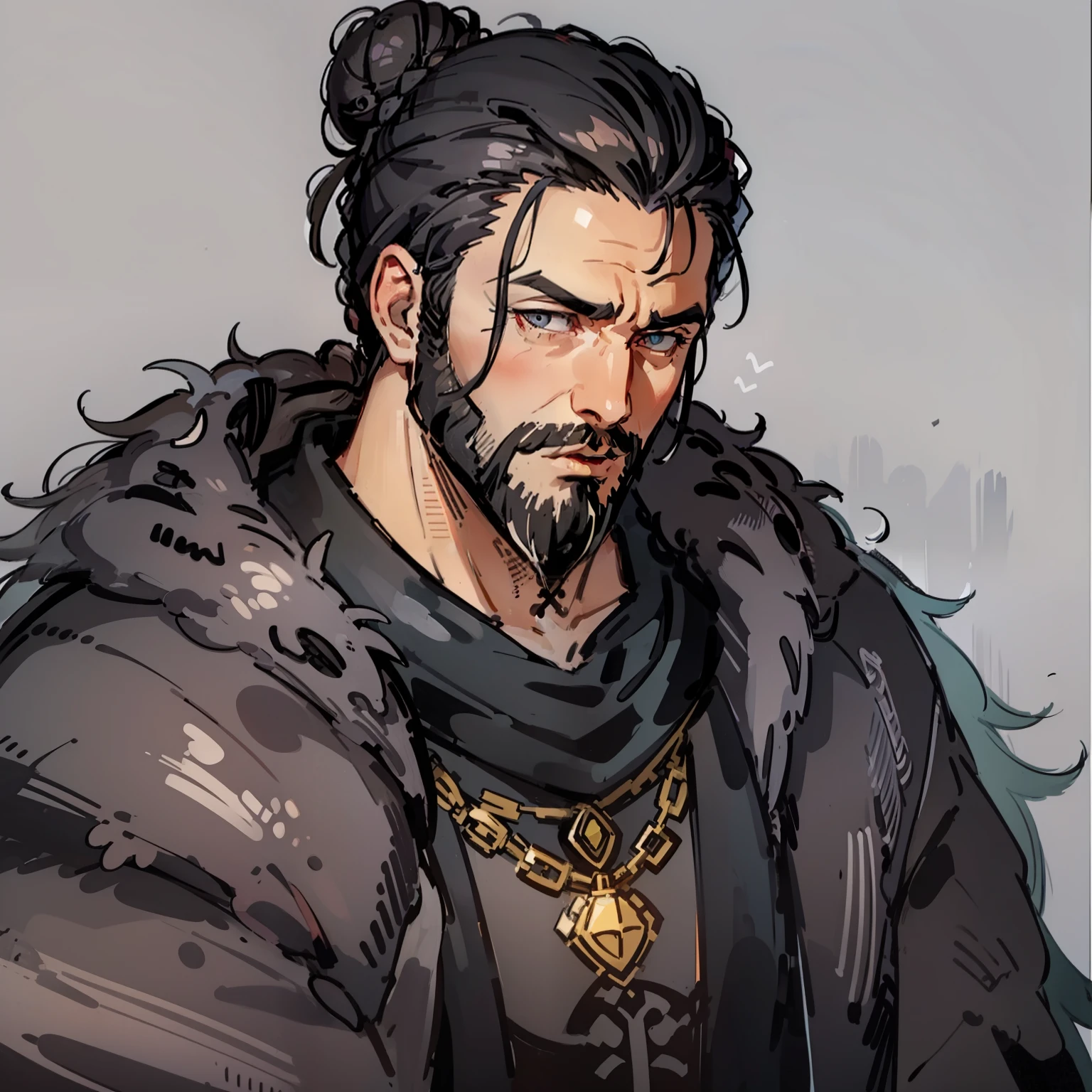 A man with a thick black beard, and long black hair tied back into a bun. Has stormy grey eyes, and wears a furred cloak.