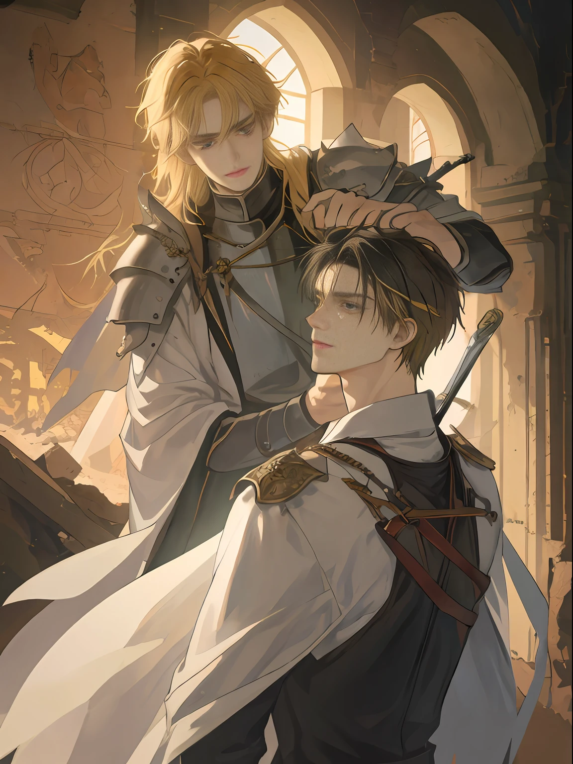 ((top quality, masterpiece)), (two men), amid the ruins, silence drifts. Light shines in and illuminates a dimly lit space. In its center stands a beautiful man wizard with blond long hair dressed in a white robe. His robe has worn out, but has not lost its elegance. His face is filled with the light of knowledge and power, and his eyes shine with magic. He holds a wand in his hand, and a faint magical energy leaks out of it.
Beside the wizard stands a fearless short-haired black-haired male knight dressed in black armor. His armor is riddled with scratches, and traces of combat emerge. A stern expression is carved on the knight's face, and his eyes shine sharply. In his hand is a sword, the blade of which burns with fighting spirit.
They look at each other, but it can be felt that some common purpose or destiny binds them together. The walls of the ruins are carved with ancient characters and paintings, and the stories of their adventures may be engraved here.
The surrounding ruins consist of decaying walls and crumbling pillars, creating a mysterious atmosphere. In the dim light, it depicts a wizard and a knight standing together.