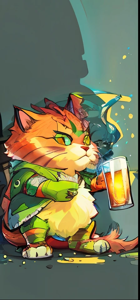 Cartoon cat drinks beer in a cup, knight drinks beer, furry fantasy art, Scotty young, fat cat superhero, furry art, teemo, by Muggur, furry artist, teemo from League of Legends, furry art!, liquid cat, slavomir manyak, anthropomorphic cat, poisonous cat