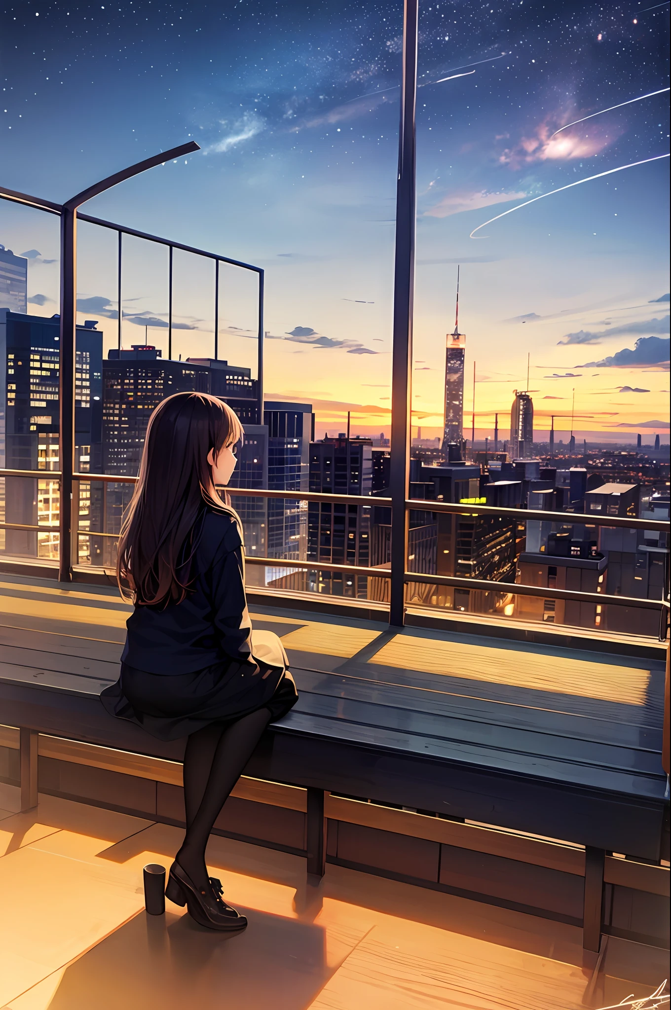 octans, sky, stars (sky), landscape, starry sky, night, 1girl, night sky, solo, outdoor, signature, architecture, clouds, milky way, sitting, tree, long hair, city, silhouette, cityscape