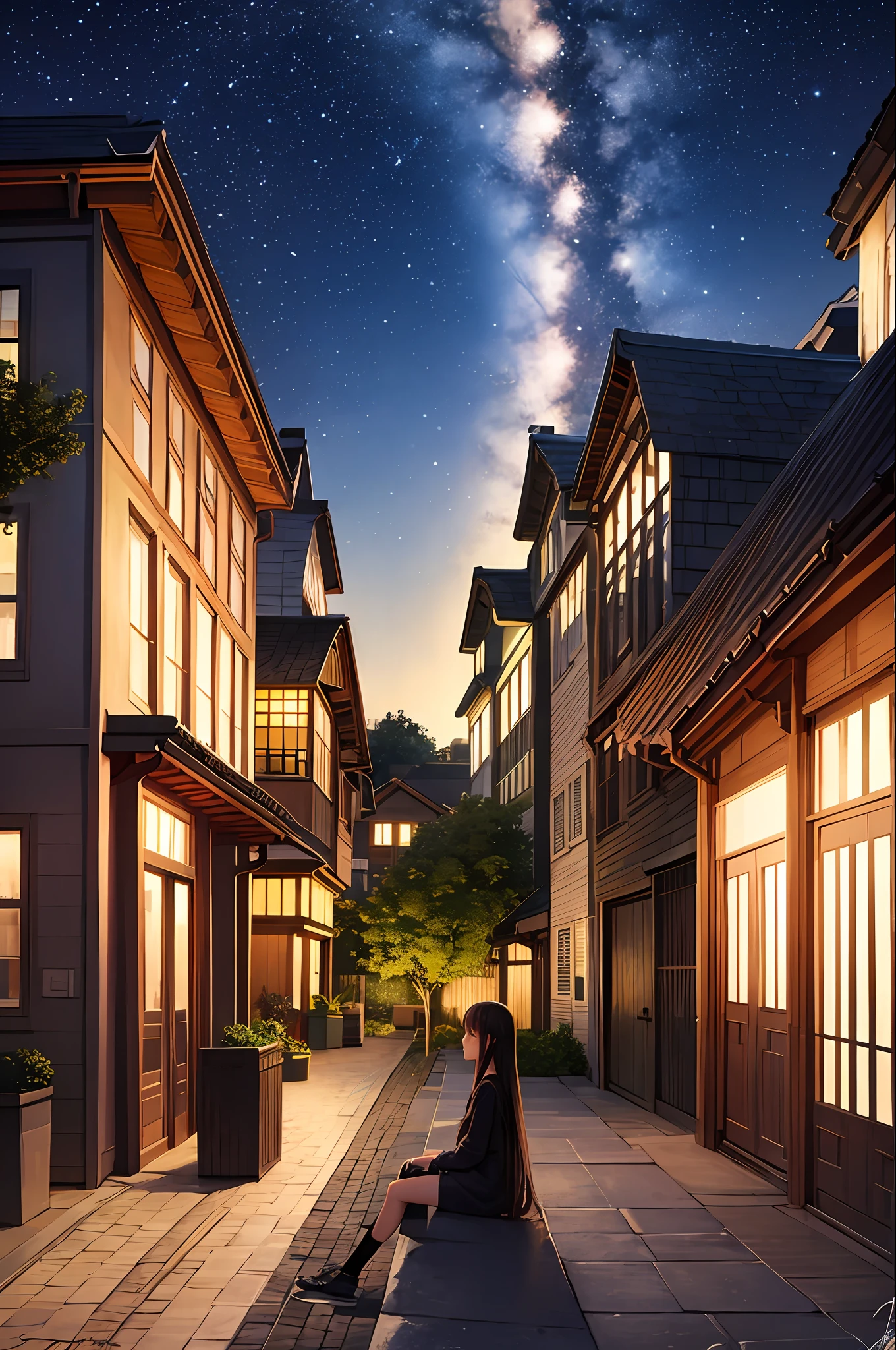 octans, sky, stars (sky), landscape, starry sky, night, 1girl, night sky, solo, outdoor, signature, architecture, clouds, milky way, sitting, tree, long hair, city, silhouette, cityscape