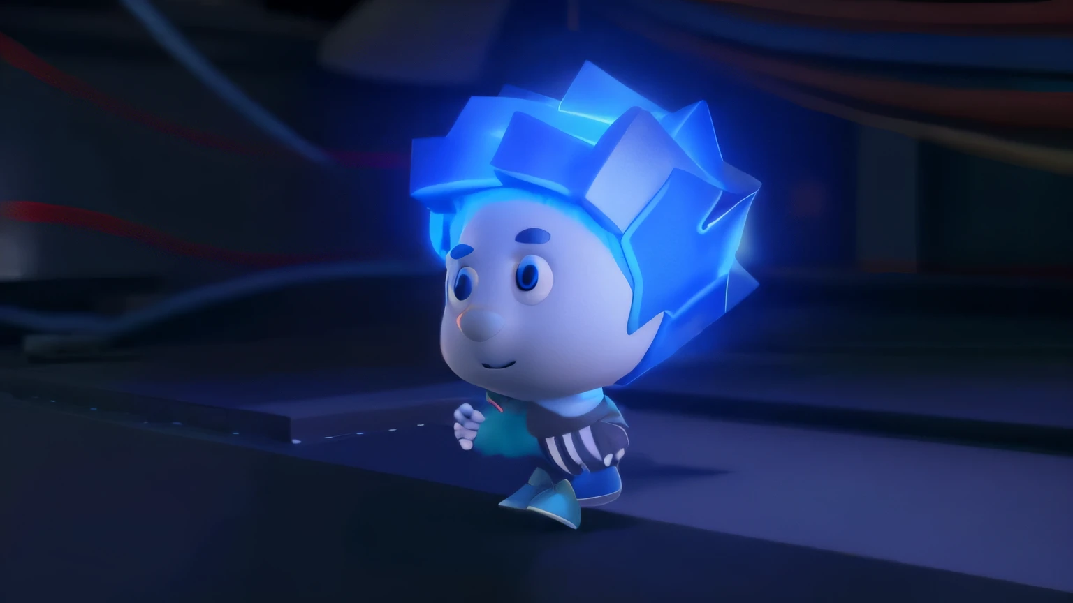 a close up of a cartoon character with a blue screw hat, if he had ice powers, this character has cryokinesis, glowing head, epic cold blue lighting, with ice powers, an anthropomorphic blue hedgehog, giga chad, toonix character, animation still screencap, spike, glowing blue face, aura jared and wires, blue mohawk