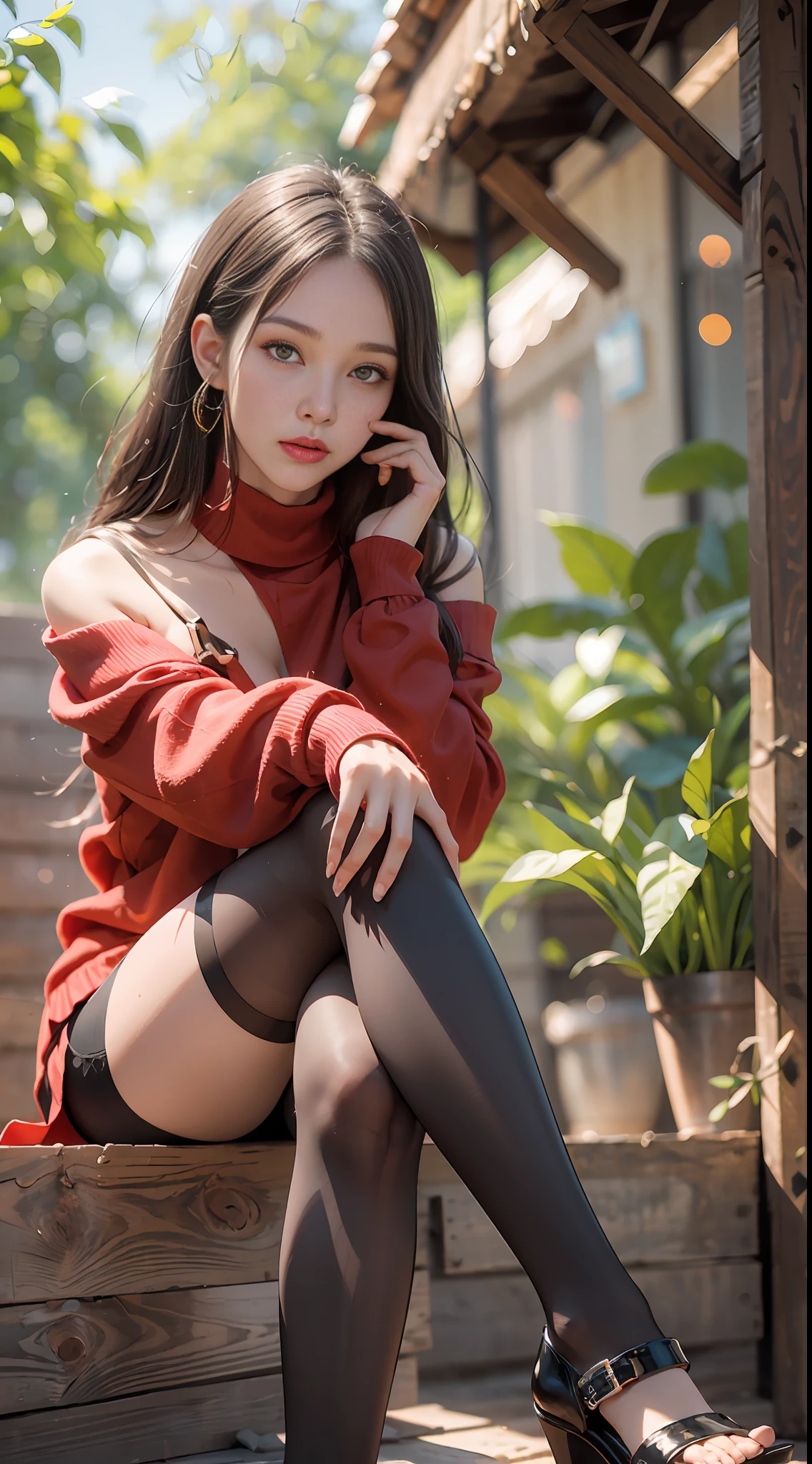 (8k, RAW photo, best quality, masterpiece: 1.3), (realistic, photo realistic: 1.27), intricate details, 1 girl, sitting, solo, off-the-shoulder, (summer fashion: 1.4), (red shirt: 1.2), long sleeves, thin skin, long black hair, (perfect body type: 1.4), full body, dynamic pose, delicate eyes, black eyes, (bare legs: 1.8), (insect eye view: 1.2), (from below: 1.2),
Cool pose,
8k UHD, HDR, extremely refined and beautiful, outside, wooden house, garden, grapefruit, high heels, (shiny skin), movie lights, turtleneck shirt, short skirt, incredible tights,