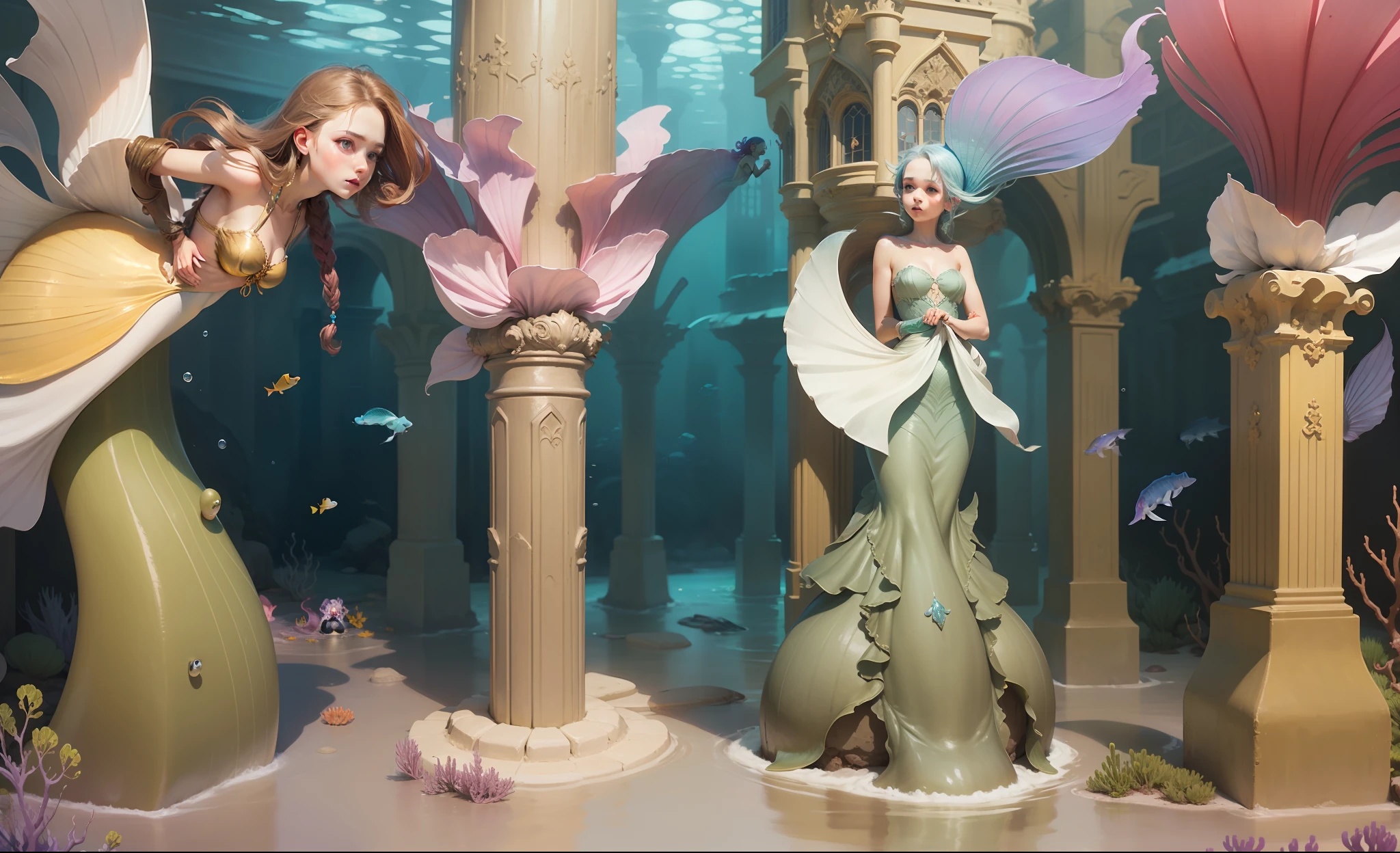 Three mermaids, underwater palace,