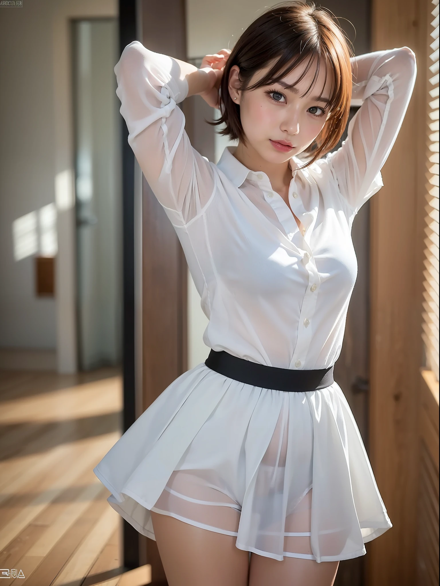 ((Best quality, 8k, Masterpiece: 1.3, raw photo)), Sharp focus: 1.2, (1 aespa girl: 1.2), (realistic, photo-realistic:1.37), (face focus: 1.1), cute face, kindness, small breasts, flat chest, short messy hair, standing, arms up, white summer casual shirt, she is rolling up her skirt, showing white panties, office, sunlight, cinematic lighting