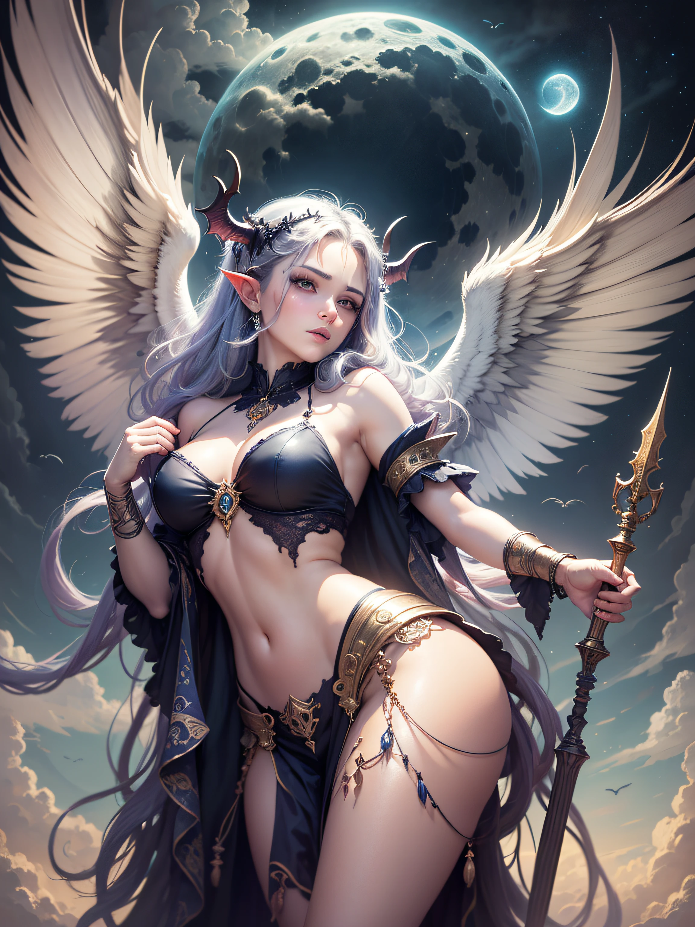 (1 niña), senos grandes bronceado, piel húmeda, piel sudorosa, cabello rubio ondulado, camiseta traslucida, ((best quality)), ((masterpiece)), (detailed), alluring succubus, ethereal beauty, perched on a cloud, (fantasy illustration:1.3), enchanting gaze, captivating pose, delicate wings, otherworldly charm, mystical sky, (Luis Royo:1.2), (Yoshitaka Amano:1.1), moonlit night, soft colors, (detailed cloudscape:1.3), (high-resolution:1.2)