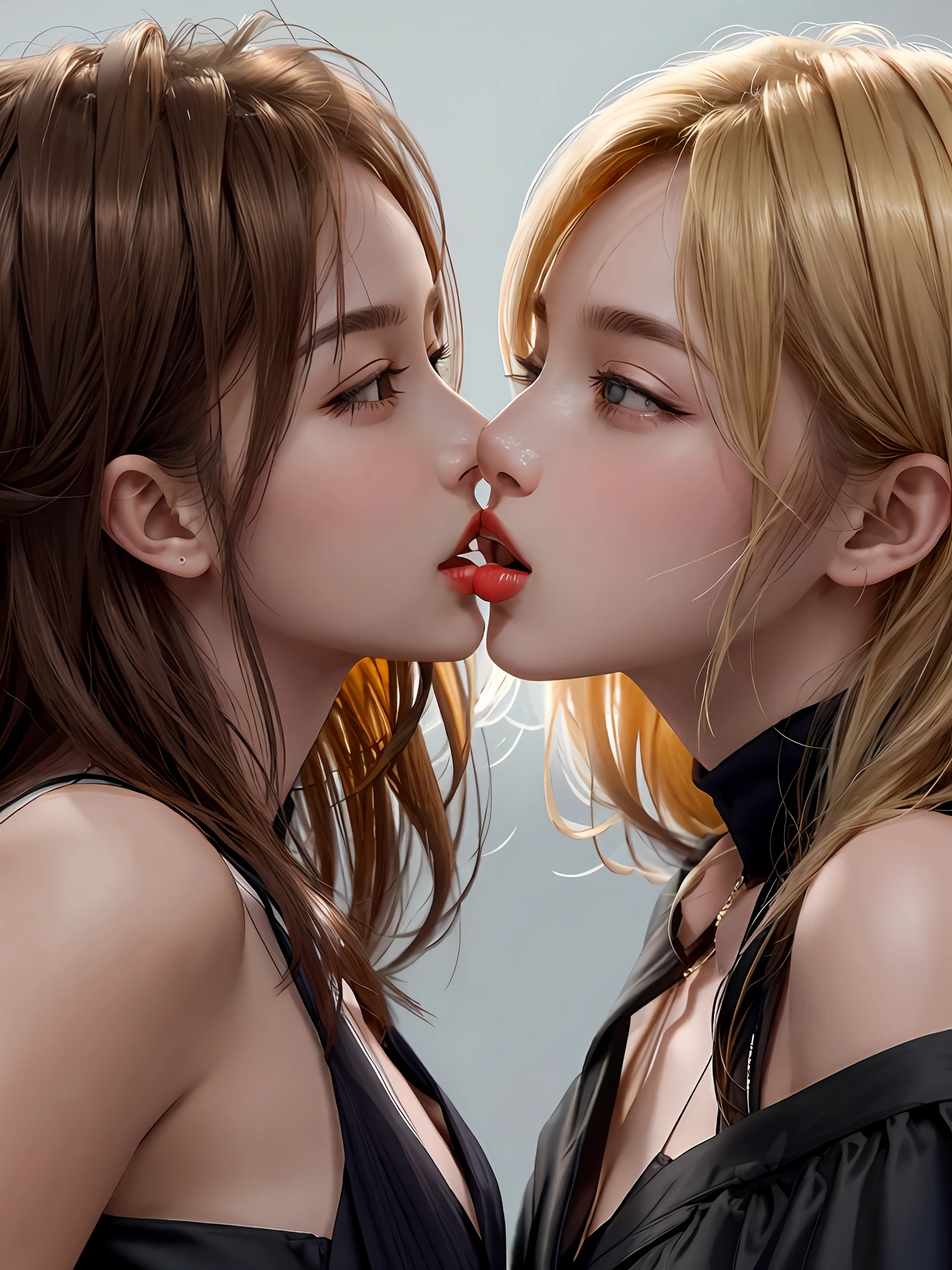 Ultra HD, excellent masterpiece, 8K Ultra HD, two Caucasian blonde beauties kissing each other, lesbian kissing, tongue kissing, mouth-to-mouth kissing, really close-up, kissing, full scene shot, kissing together, two beauties in love, very close shot, tongue licking out, lesbian hug, super clear skin texture details, 1:2 picture composition,